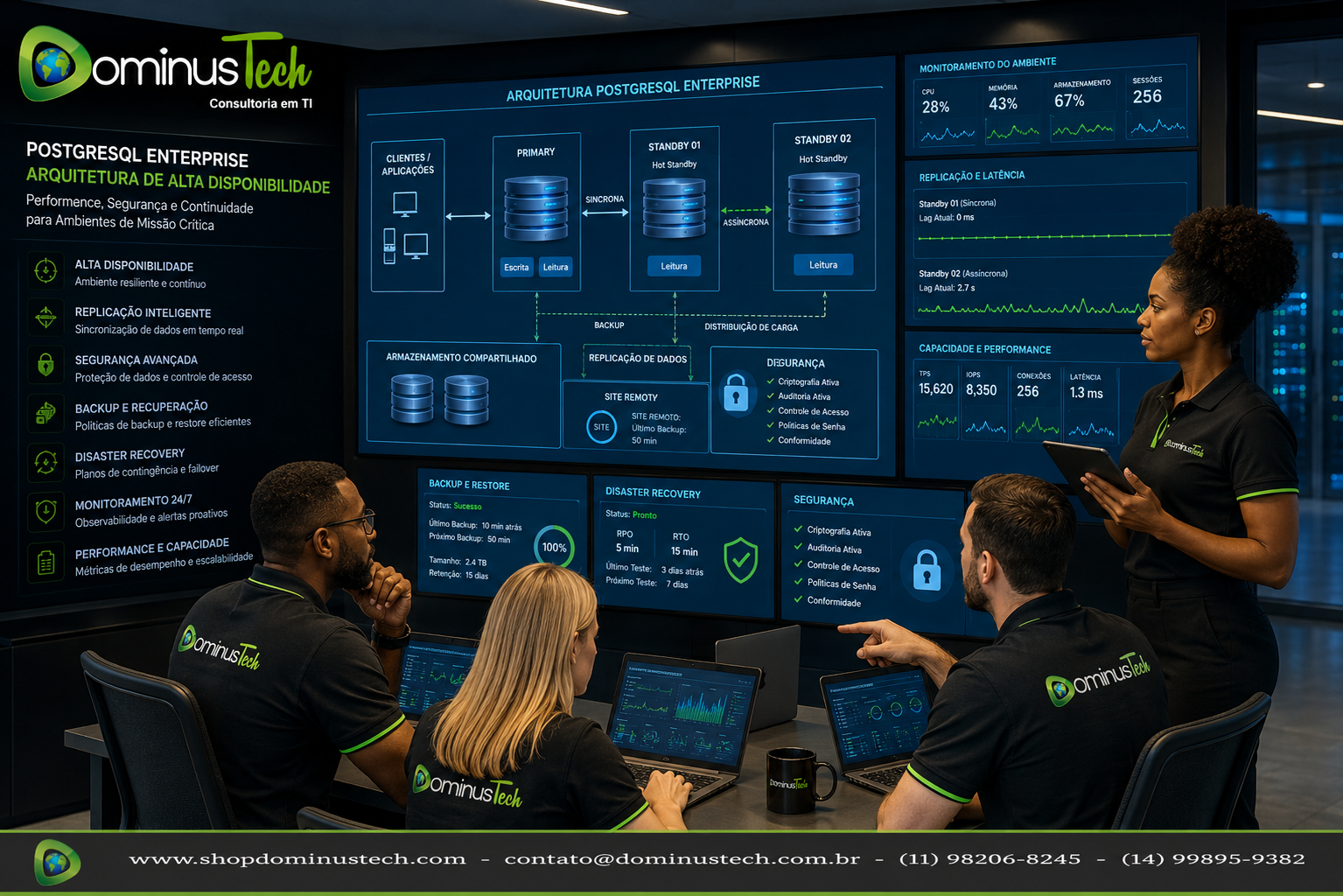 Equipe da Dominus Tech analisando uma arquitetura PostgreSQL Enterprise de alta disponibilidade em um centro de operações corporativo, com monitoramento de replicação, backup, disaster recovery, segurança, performance, armazenamento e continuidade operacional.