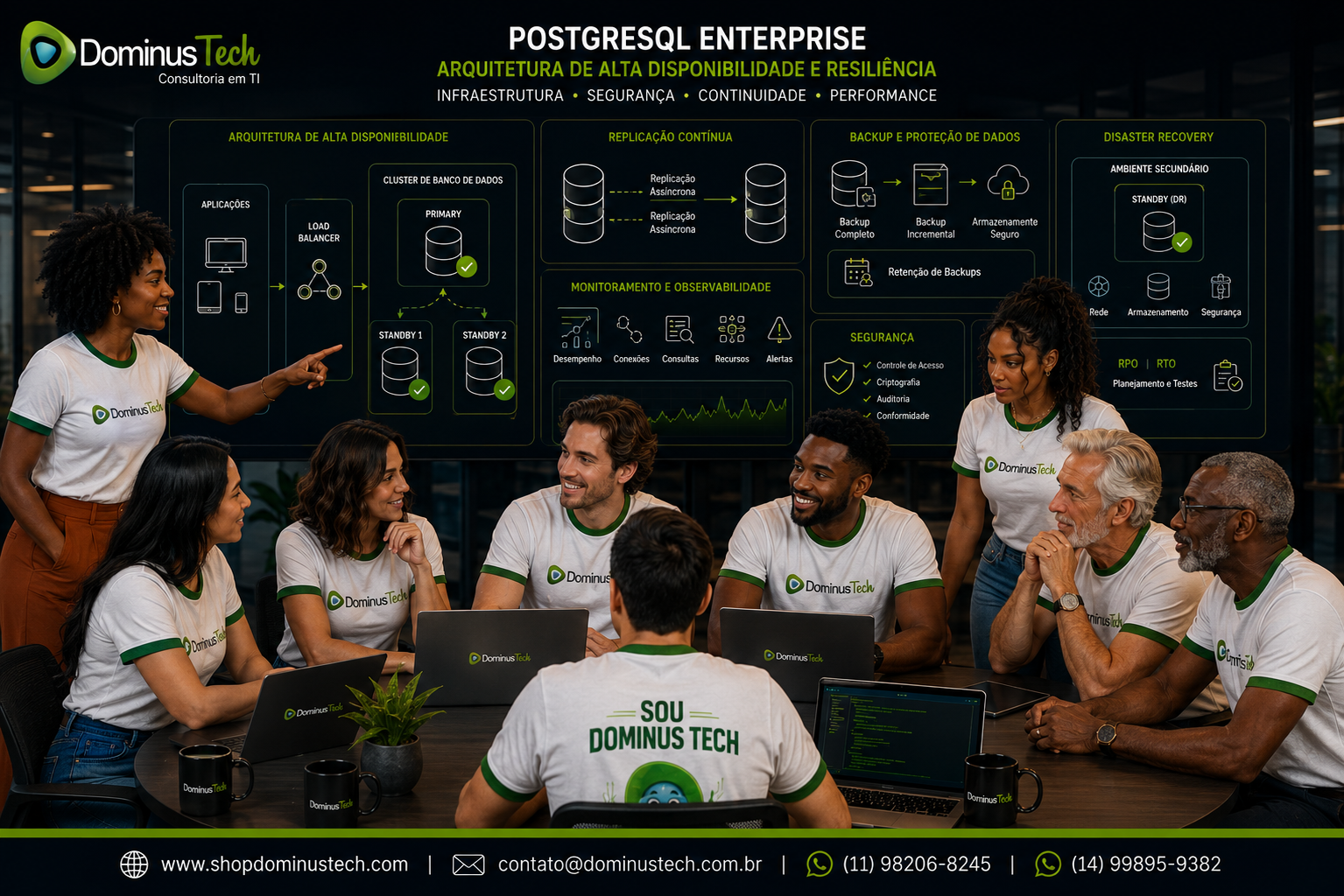 Equipe Dominus Tech analisando arquitetura PostgreSQL Enterprise com alta disponibilidade, replicação, backup, monitoramento, segurança e Disaster Recovery em ambiente corporativo.