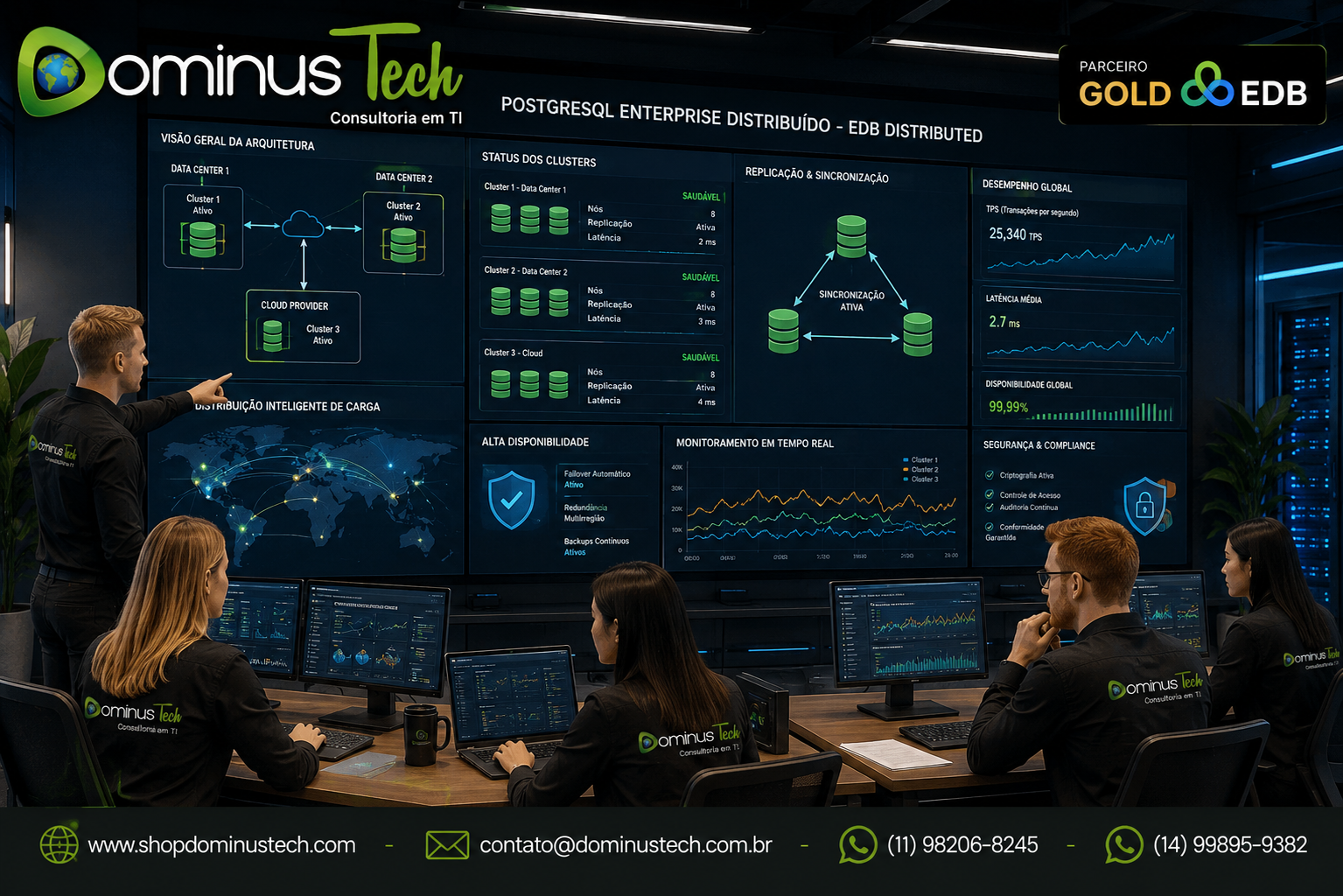 Equipe de especialistas da Dominus Tech administrando arquitetura PostgreSQL Enterprise distribuída com EDB Distributed, clusters sincronizados, replicação, alta disponibilidade, distribuição de carga e monitoramento em tempo real.