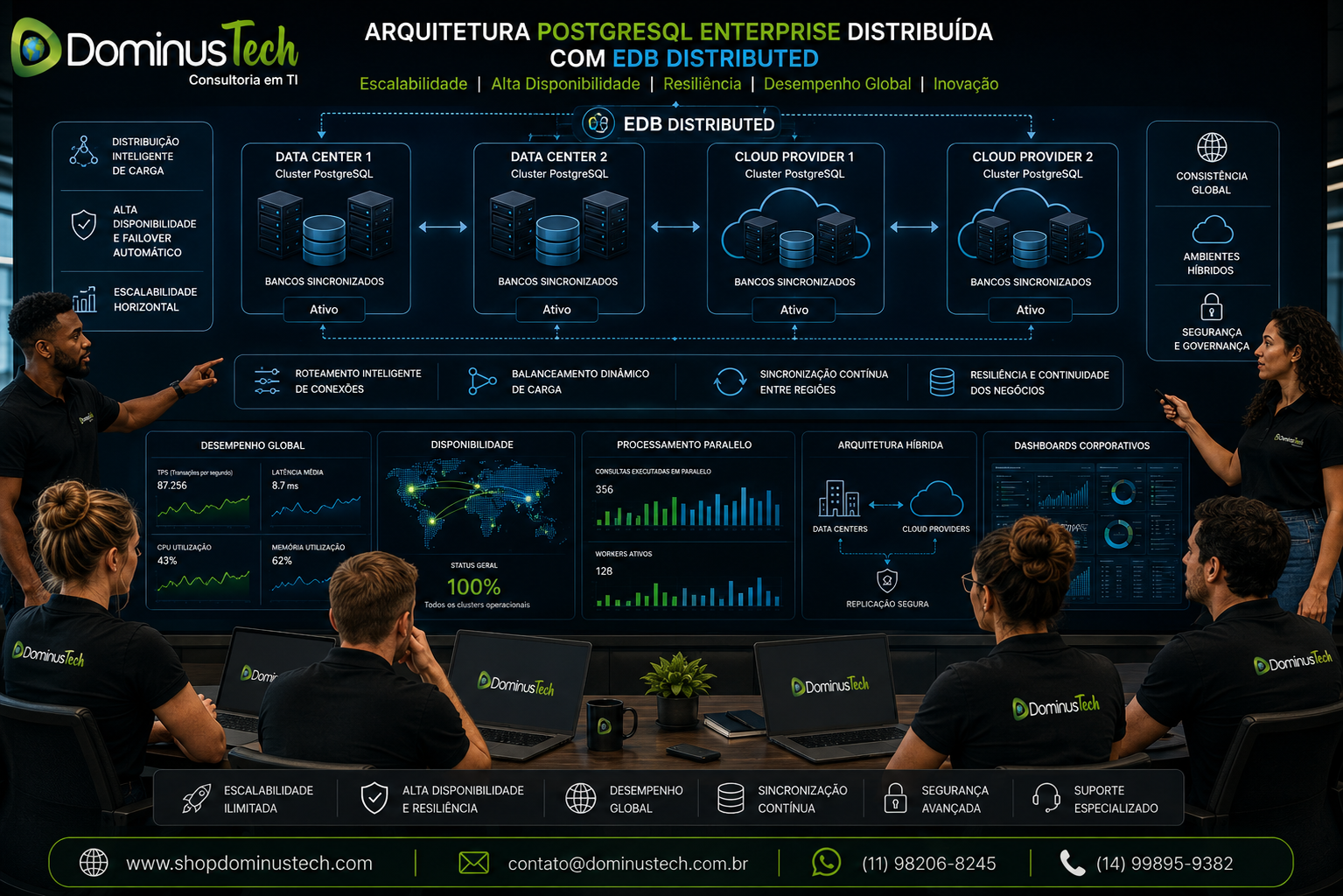 Especialistas da Dominus Tech apresentam uma arquitetura PostgreSQL Enterprise distribuída utilizando EDB Distributed, com múltiplos Data Centers e provedores de Cloud, clusters sincronizados, balanceamento inteligente de carga, alta disponibilidade, infraestrutura híbrida e dashboards corporativos de desempenho.