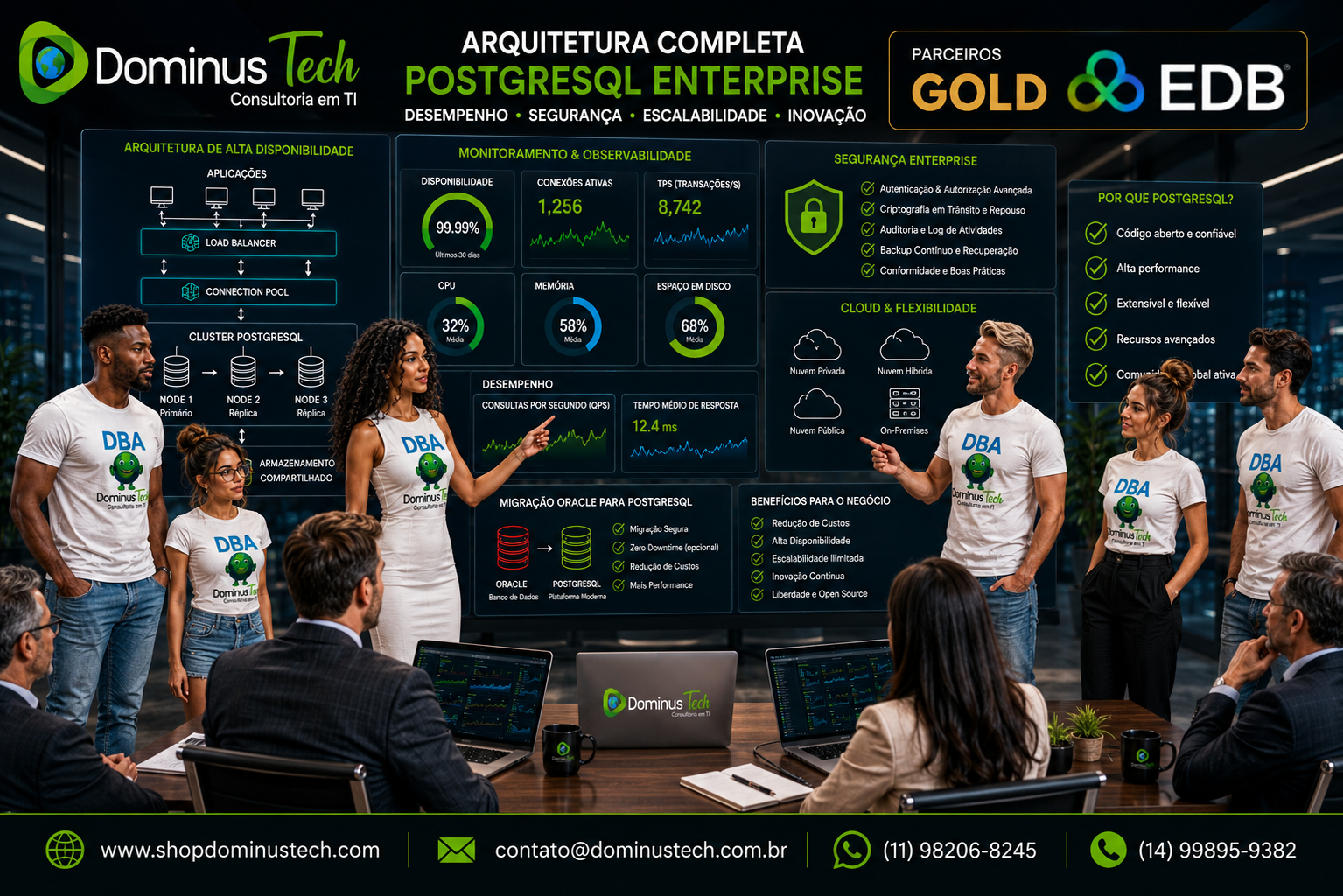 Equipe de consultores da Dominus Tech apresentando arquitetura PostgreSQL Enterprise com dashboards de monitoramento, alta disponibilidade, segurança, cloud e parceria Gold EDB