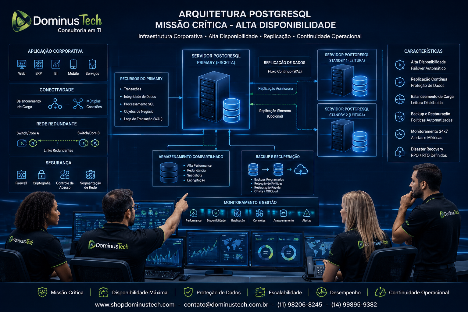 Arquitetura corporativa PostgreSQL para missão crítica com servidor primário conectado a dois servidores standby, replicação contínua de dados, rede redundante, backup, monitoramento e equipe da Dominus Tech analisando a infraestrutura em um centro de operações tecnológico.