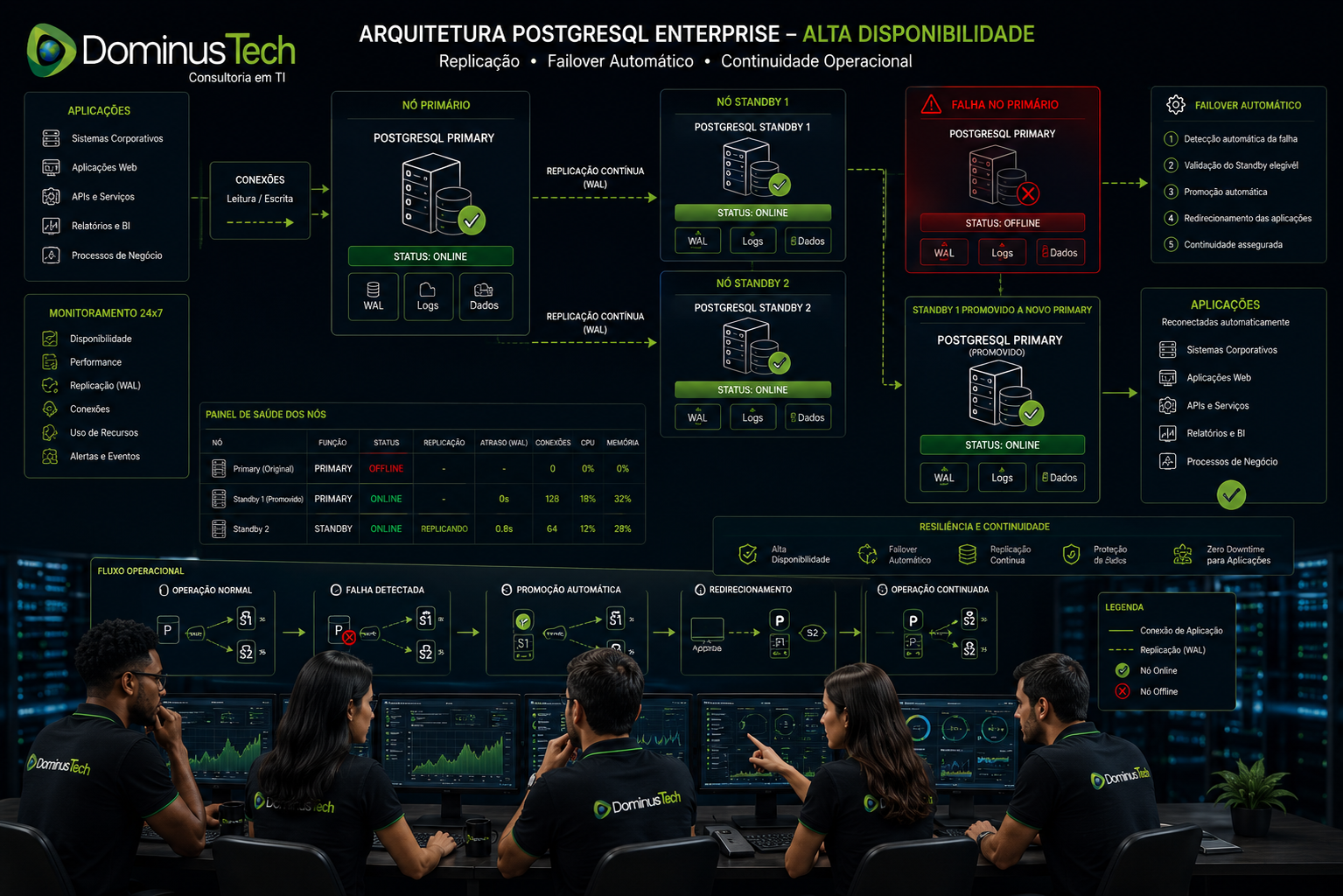 Equipe da Dominus Tech analisando uma arquitetura PostgreSQL Enterprise com um servidor Primary conectado a dois servidores Standby, utilizando replicação contínua, monitoramento da saúde dos nós, failover automático e redirecionamento das aplicações.