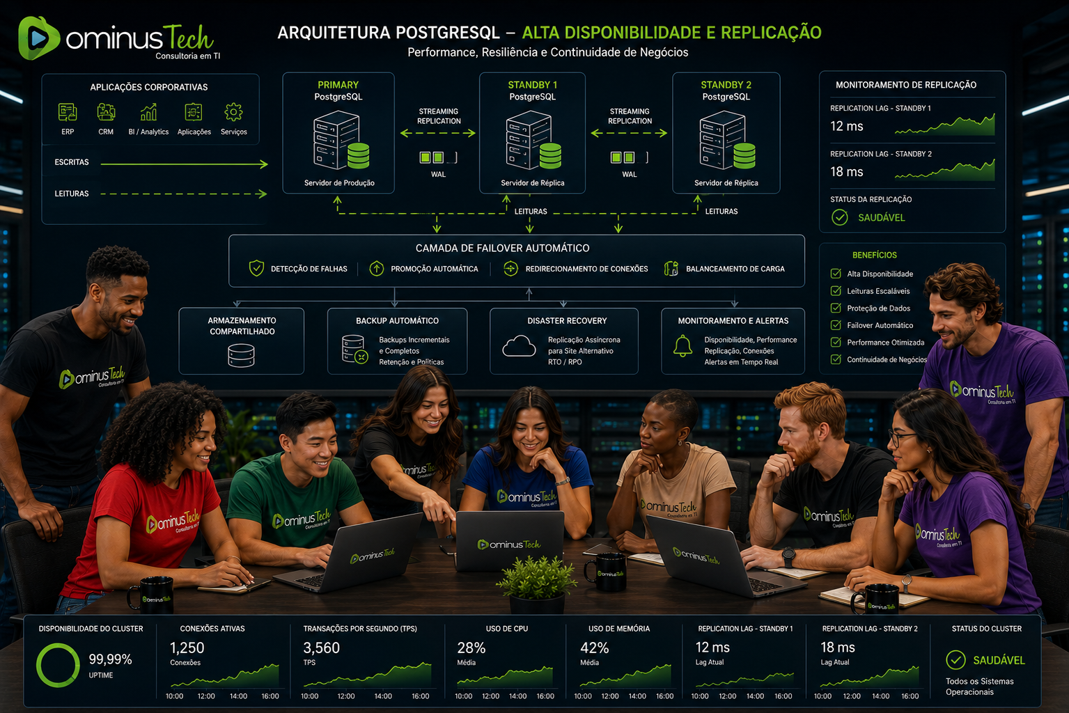 Equipe Dominus Tech analisando arquitetura PostgreSQL com Primary, dois servidores Standby, streaming replication, WAL, replication lag e failover automático