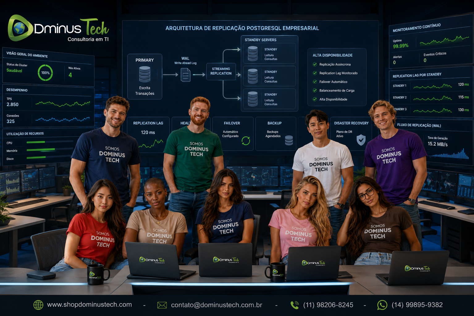 Equipe da Dominus Tech analisando arquitetura de replicação PostgreSQL empresarial com Primary, múltiplos Standbys, fluxo de WAL, replication lag, alta disponibilidade, failover, backup e Disaster Recovery.