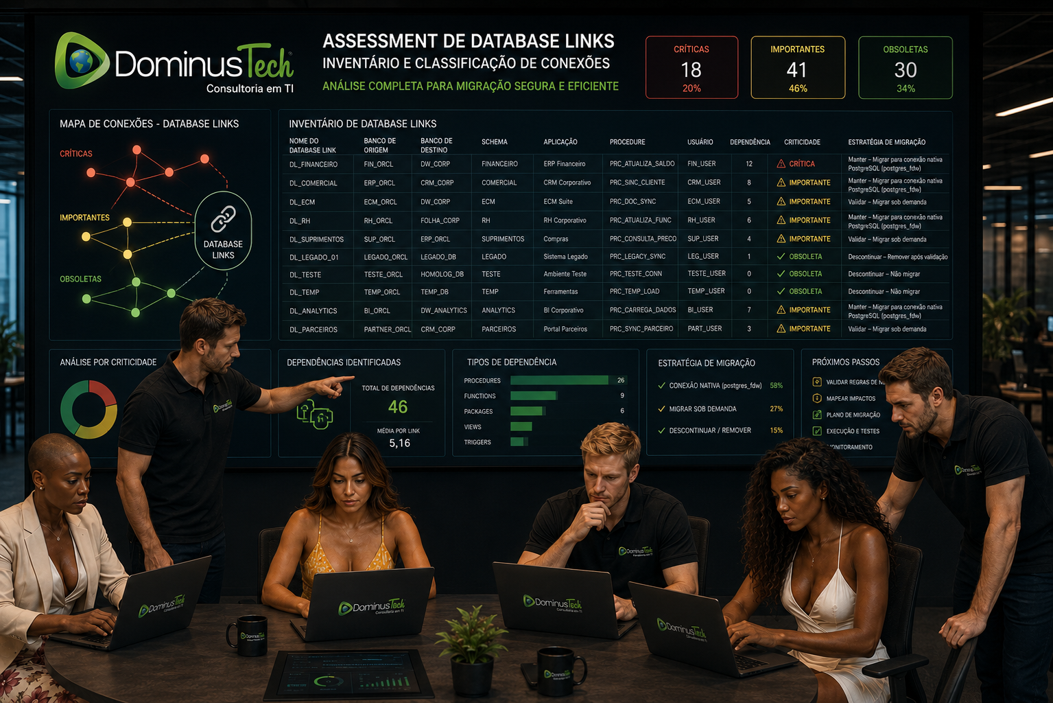 Equipe da Dominus Tech realizando assessment de Database Links em uma arquitetura corporativa, analisando inventário de conexões, bancos de origem e destino, schemas, aplicações, procedures, usuários, dependências, criticidade e estratégias de migração para PostgreSQL Enterprise. A imagem apresenta conexões classificadas como críticas, importantes e obsoletas, com profissionais analisando indicadores técnicos em um centro de operações.