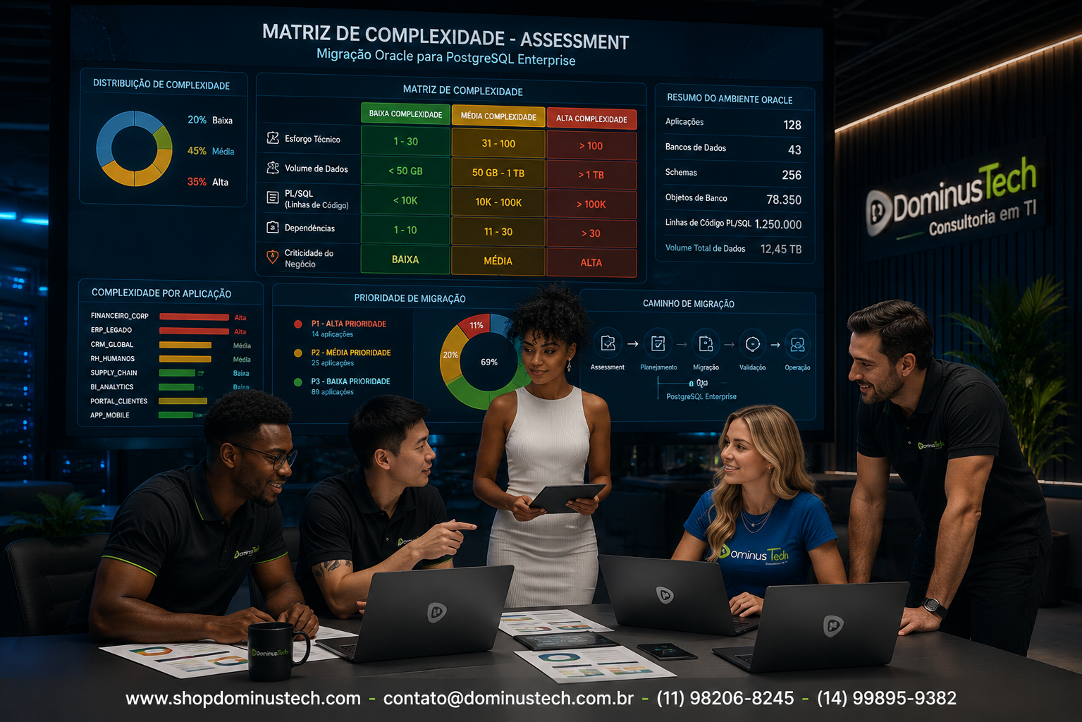 Equipe da Dominus Tech analisando uma matriz corporativa de assessment para migração de Oracle para PostgreSQL, com classificação de aplicações por baixa, média e alta complexidade, considerando esforço técnico, volume de dados, código PL/SQL, dependências e criticidade do negócio.