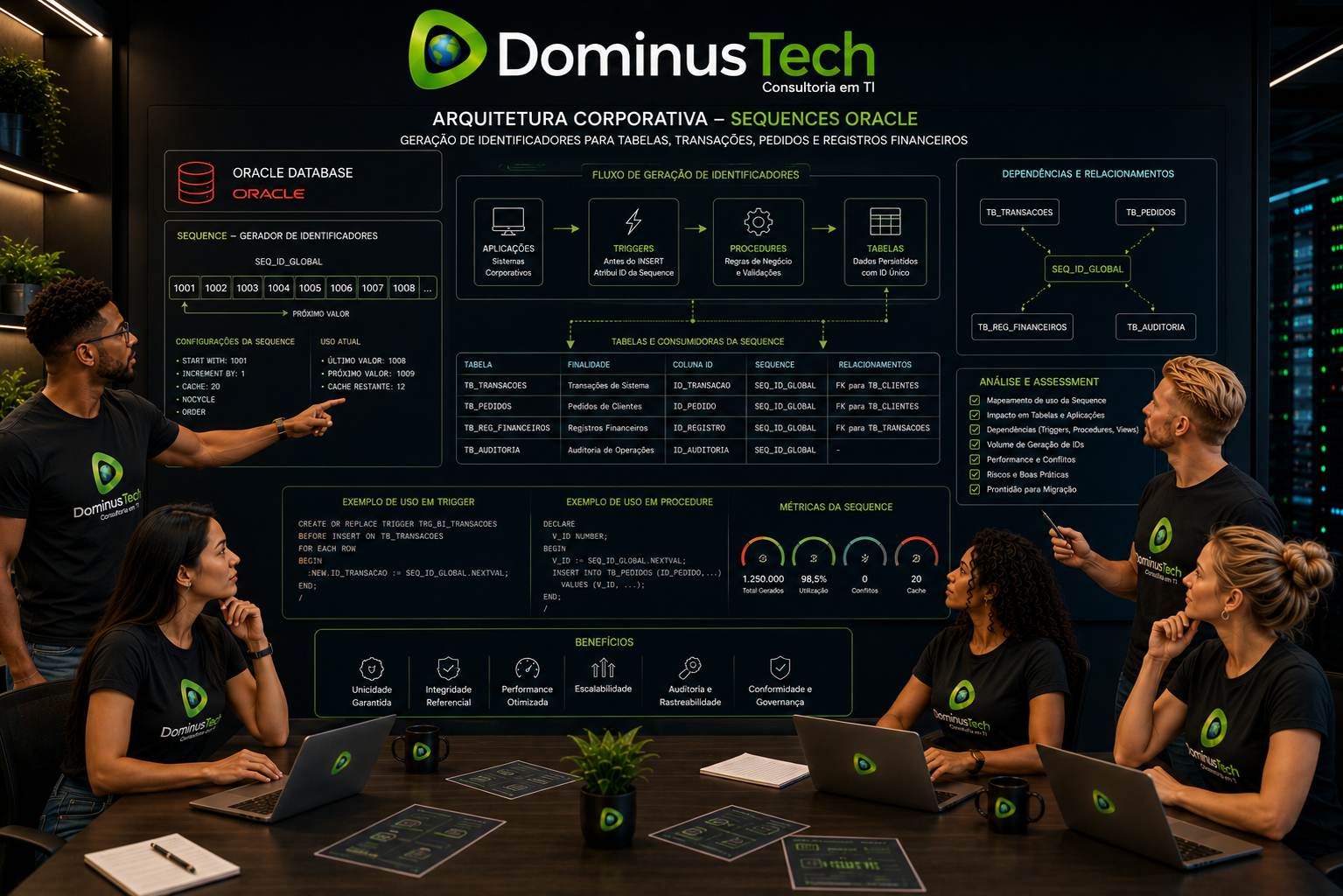 Equipe Dominus Tech analisando uma arquitetura corporativa de Sequences Oracle para geração de identificadores em tabelas, transações, pedidos e registros financeiros, com fluxo envolvendo aplicações, triggers e procedures.