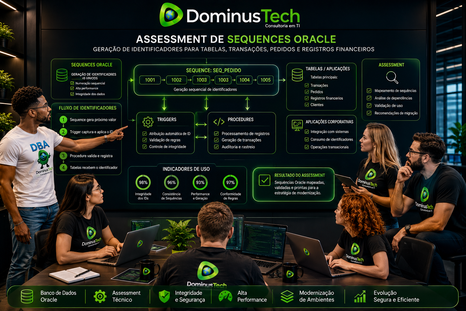 Equipe Dominus Tech analisando uma arquitetura corporativa de Sequences Oracle para geração de identificadores em tabelas, transações, pedidos e registros financeiros, com fluxo envolvendo aplicações, triggers e procedures.