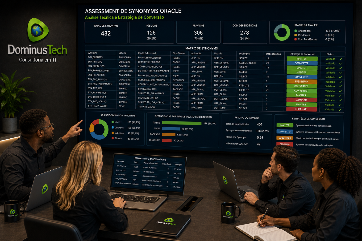 Equipe da Dominus Tech executando assessment de Synonyms Oracle, analisando matriz técnica com schemas, objetos referenciados, aplicações, usuários, privilégios, dependências e estratégias de conversão.