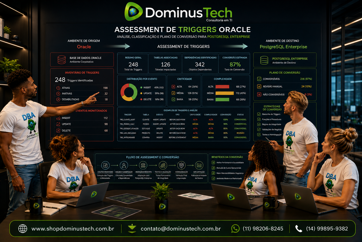 Equipe Dominus Tech realizando assessment de Triggers Oracle em ambiente corporativo, analisando tabelas associadas, eventos INSERT, UPDATE e DELETE, dependências, criticidade, complexidade e indicadores de conversão para PostgreSQL Enterprise.
