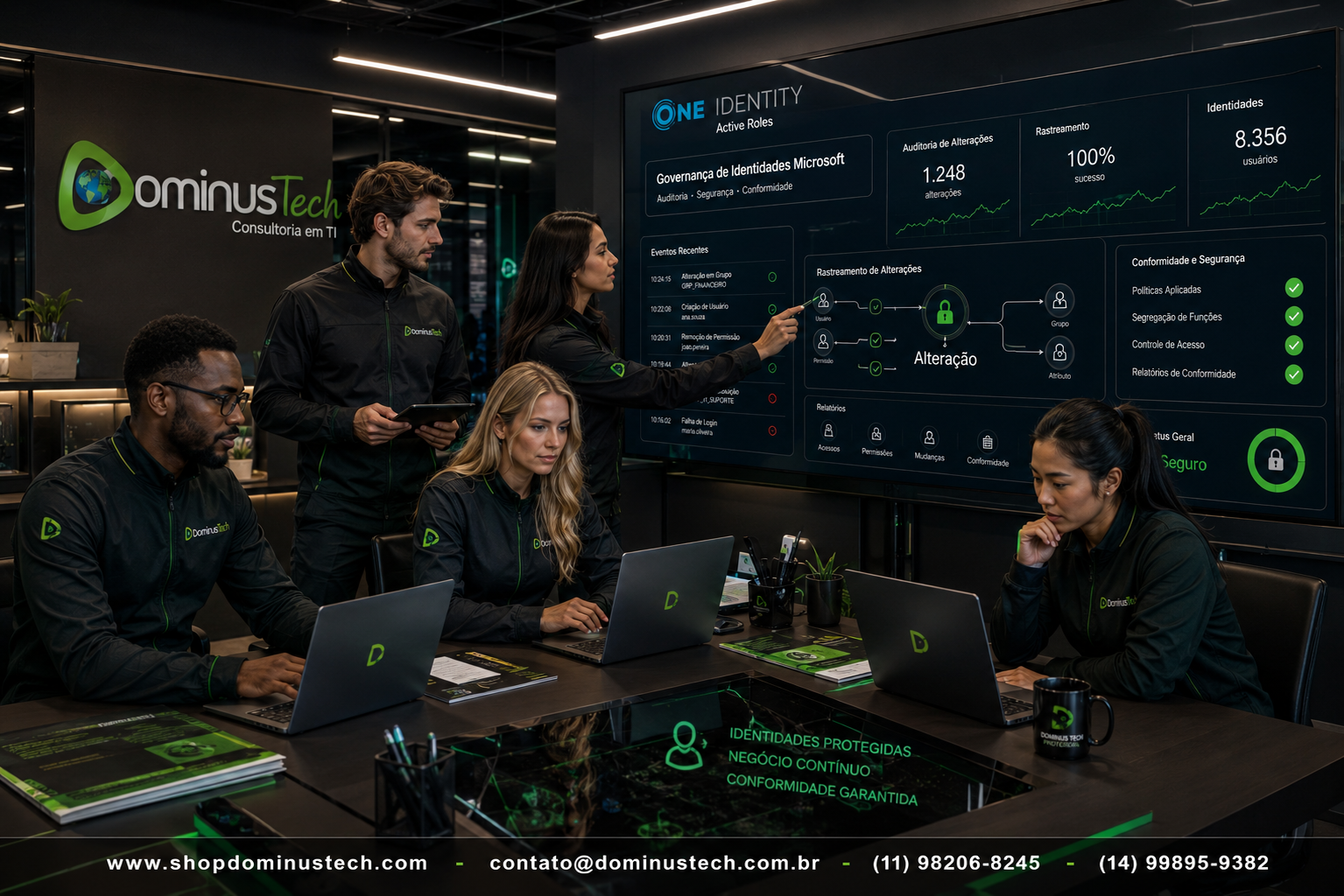 Equipe da Dominus Tech acompanhando processos de auditoria, rastreamento de alterações, conformidade, segurança e governança de identidades corporativas utilizando One Identity Active Roles em um centro de operações tecnológico moderno.