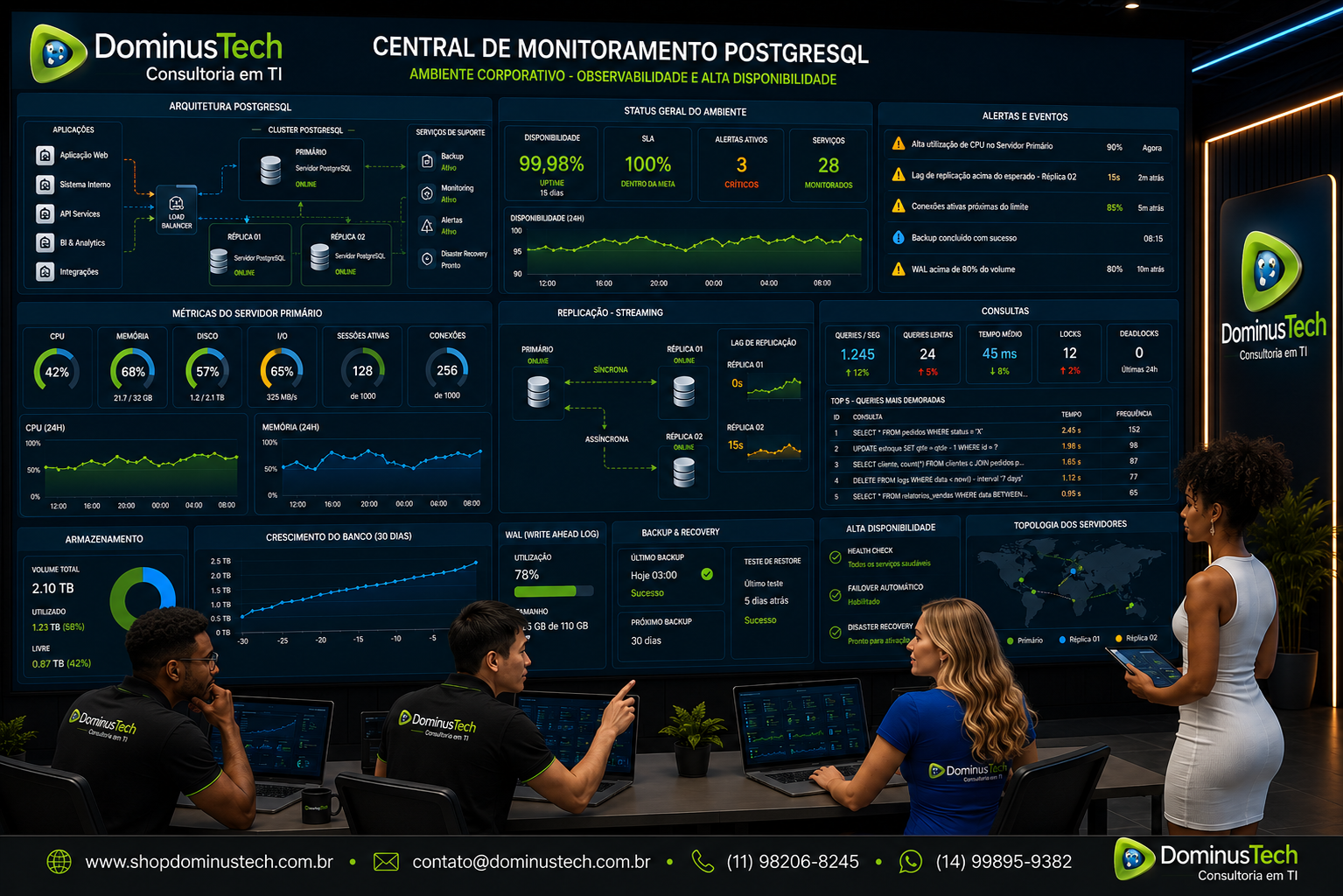 Equipe da Dominus Tech monitorando uma infraestrutura PostgreSQL Enterprise em uma central de operações corporativa, com dashboards de observabilidade, métricas de desempenho, replicação, backup, recuperação de desastres e alta disponibilidade utilizando EDB Postgres.