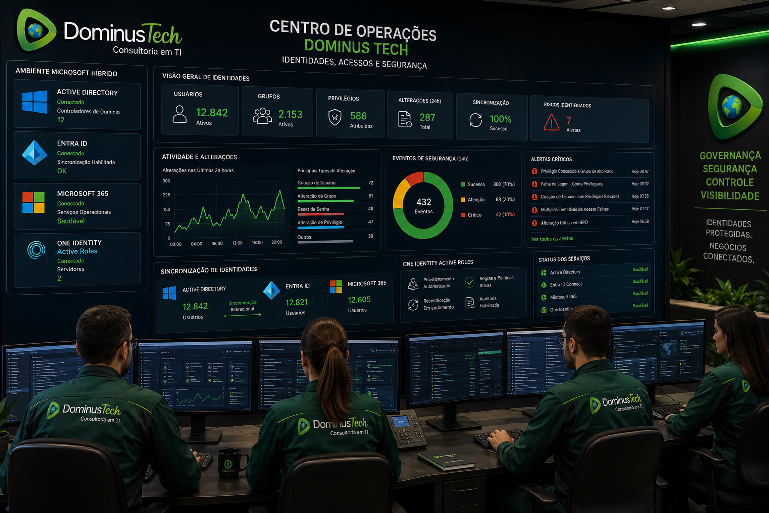 Centro de operações da Dominus Tech monitorando um ambiente corporativo híbrido, com dashboards de identidades, usuários, grupos, privilégios, sincronização, alterações, eventos e alertas de segurança.
