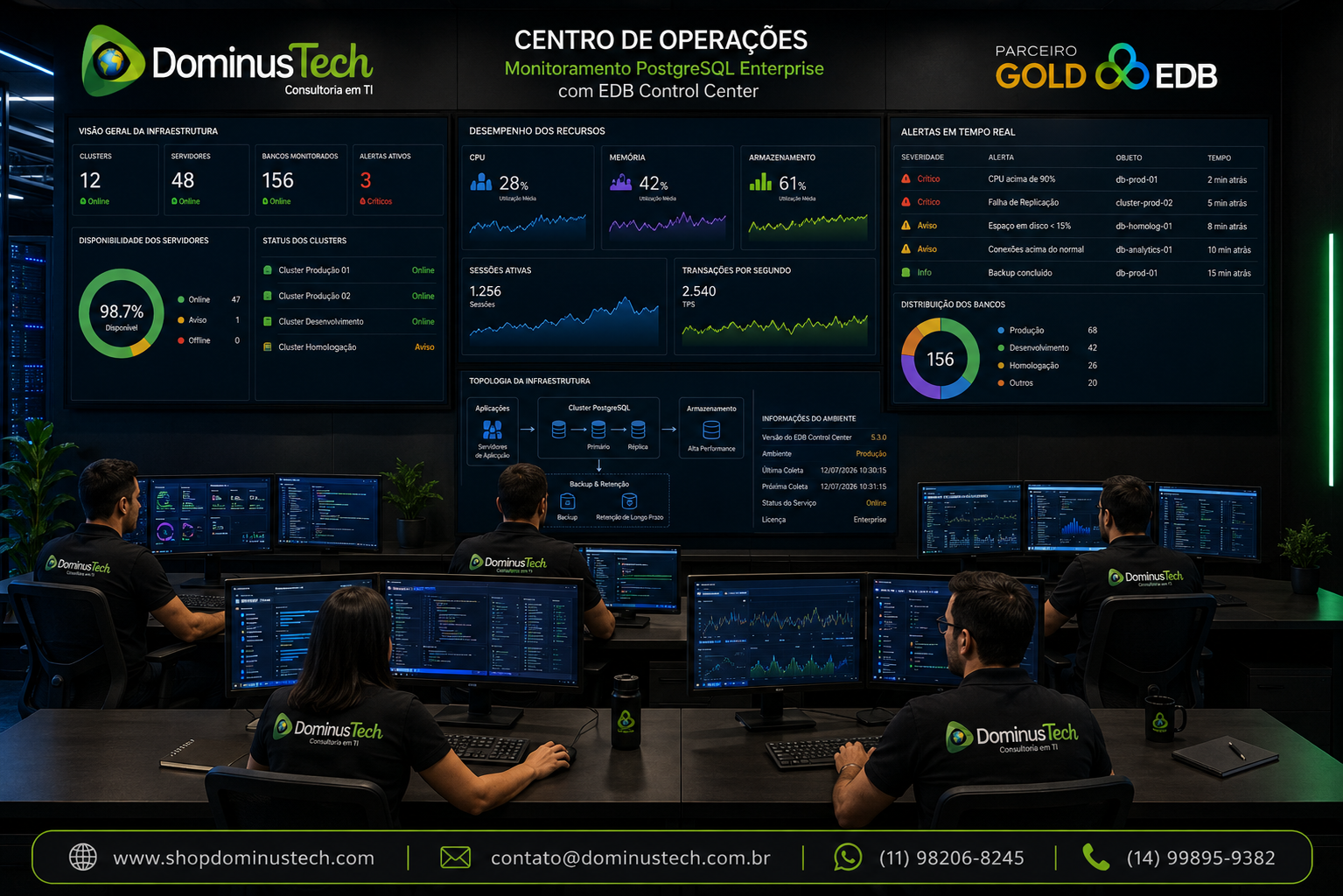 Centro de operações da Dominus Tech monitorando uma infraestrutura PostgreSQL Enterprise com EDB Control Center, exibindo dashboards corporativos de CPU, memória, armazenamento, disponibilidade, sessões ativas, bancos monitorados e alertas em tempo real para garantir alta disponibilidade e governança.