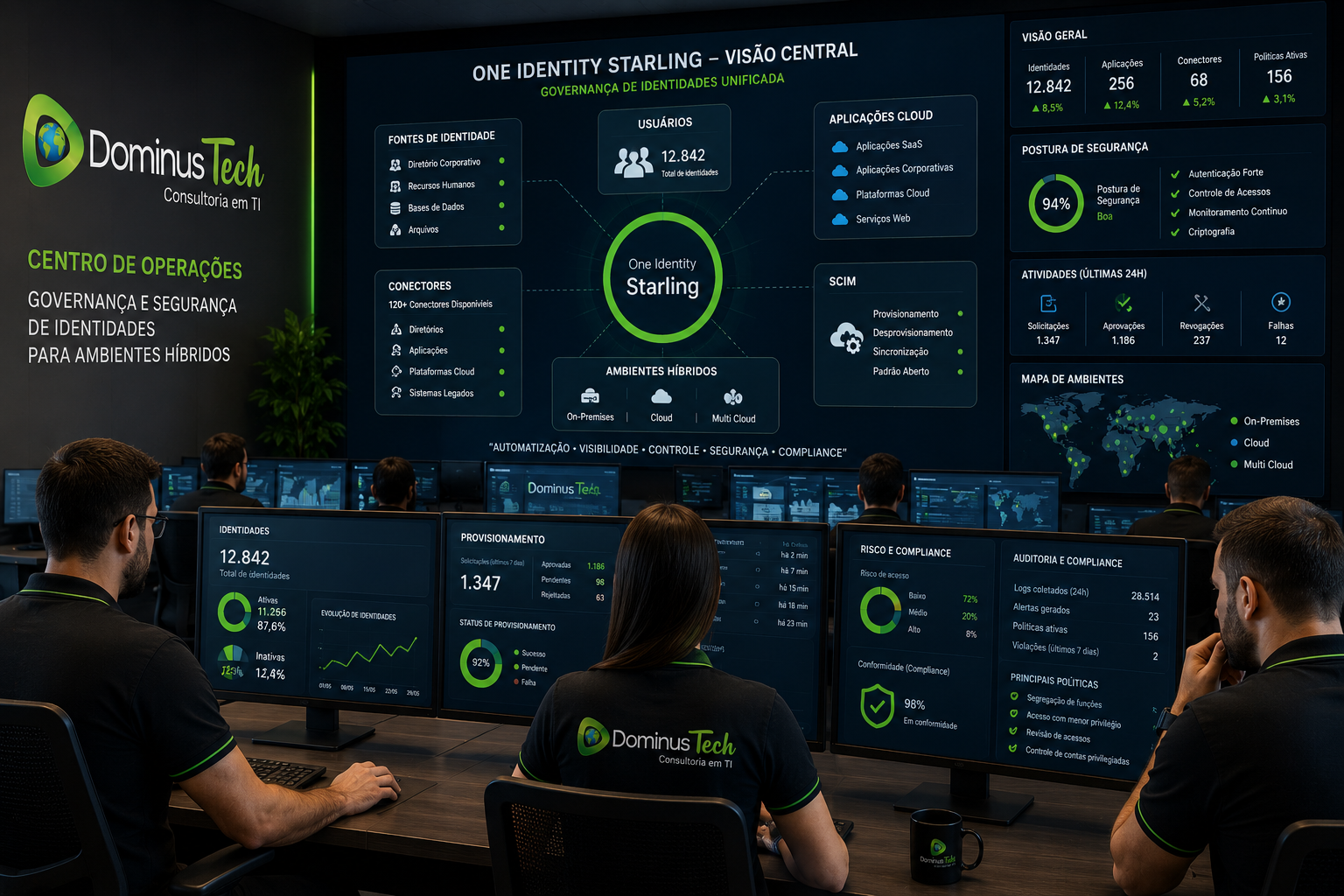 Centro de operações Dominus Tech monitorando arquitetura One Identity Starling, governança de identidades, provisionamento, aplicações cloud, SCIM, compliance e segurança em ambientes híbridos.