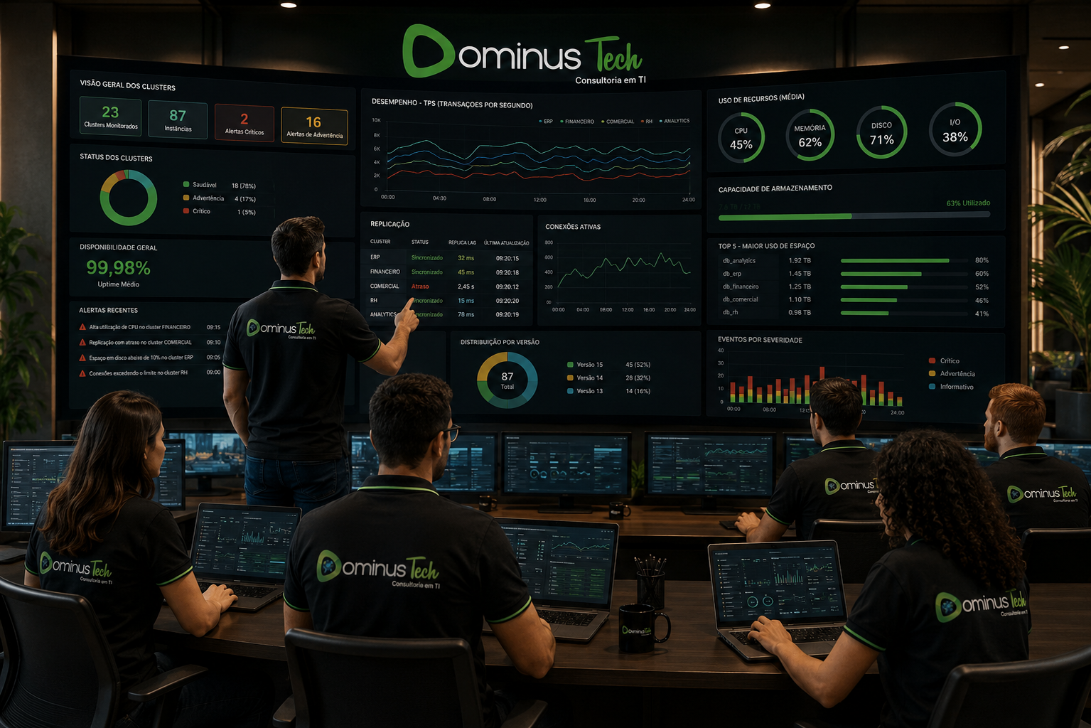 Equipe técnica da Dominus Tech monitorando múltiplos ambientes PostgreSQL em um centro de operações corporativo, utilizando dashboards de desempenho, disponibilidade, replicação, capacidade, conexões ativas e alertas operacionais em tempo real.