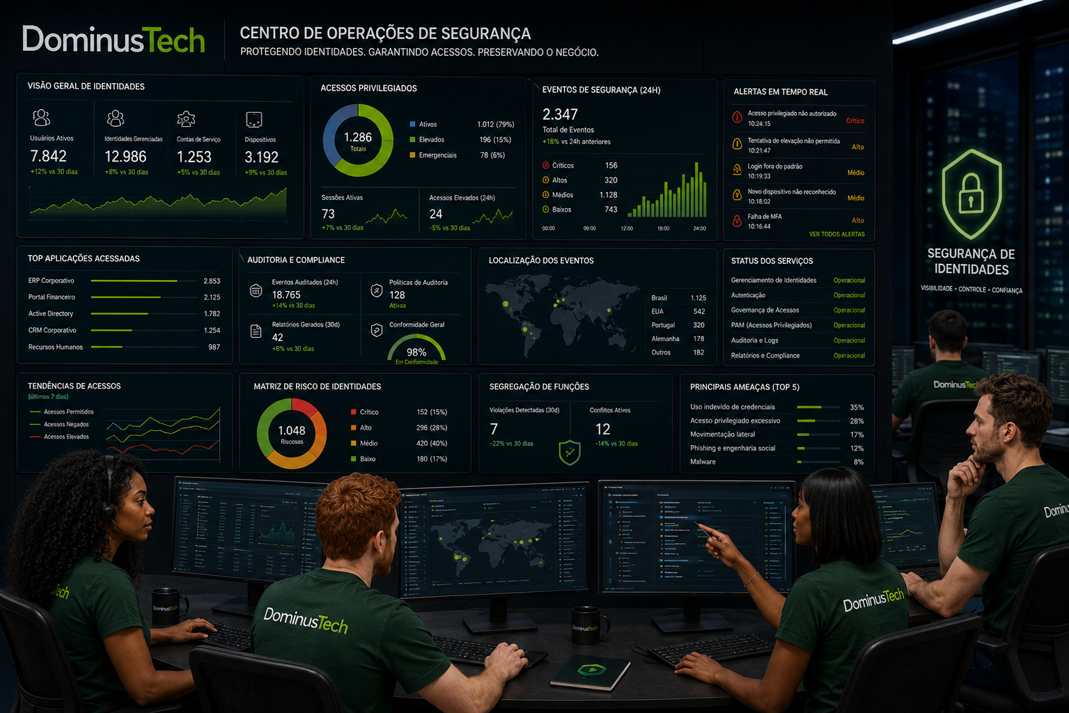Centro de operações de segurança da Dominus Tech monitorando identidades, acessos privilegiados, eventos de segurança, auditoria e indicadores de conformidade em ambiente corporativo.