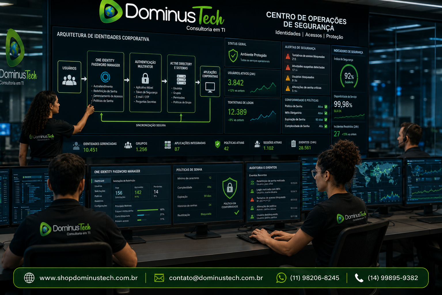 Centro de operações de segurança da Dominus Tech monitorando arquitetura corporativa de identidades com One Identity Password Manager, autenticação multifator, Active Directory, políticas de senha, auditoria e indicadores de segurança.