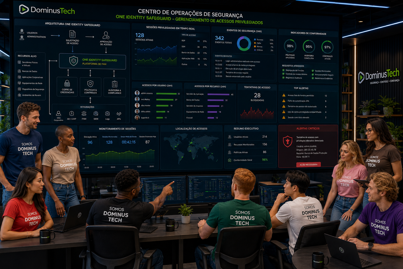 Equipe da Dominus Tech monitorando uma central de operações de segurança com arquitetura One Identity Safeguard, acompanhando sessões privilegiadas, acessos administrativos, eventos de segurança, indicadores de conformidade e monitoramento em tempo real.