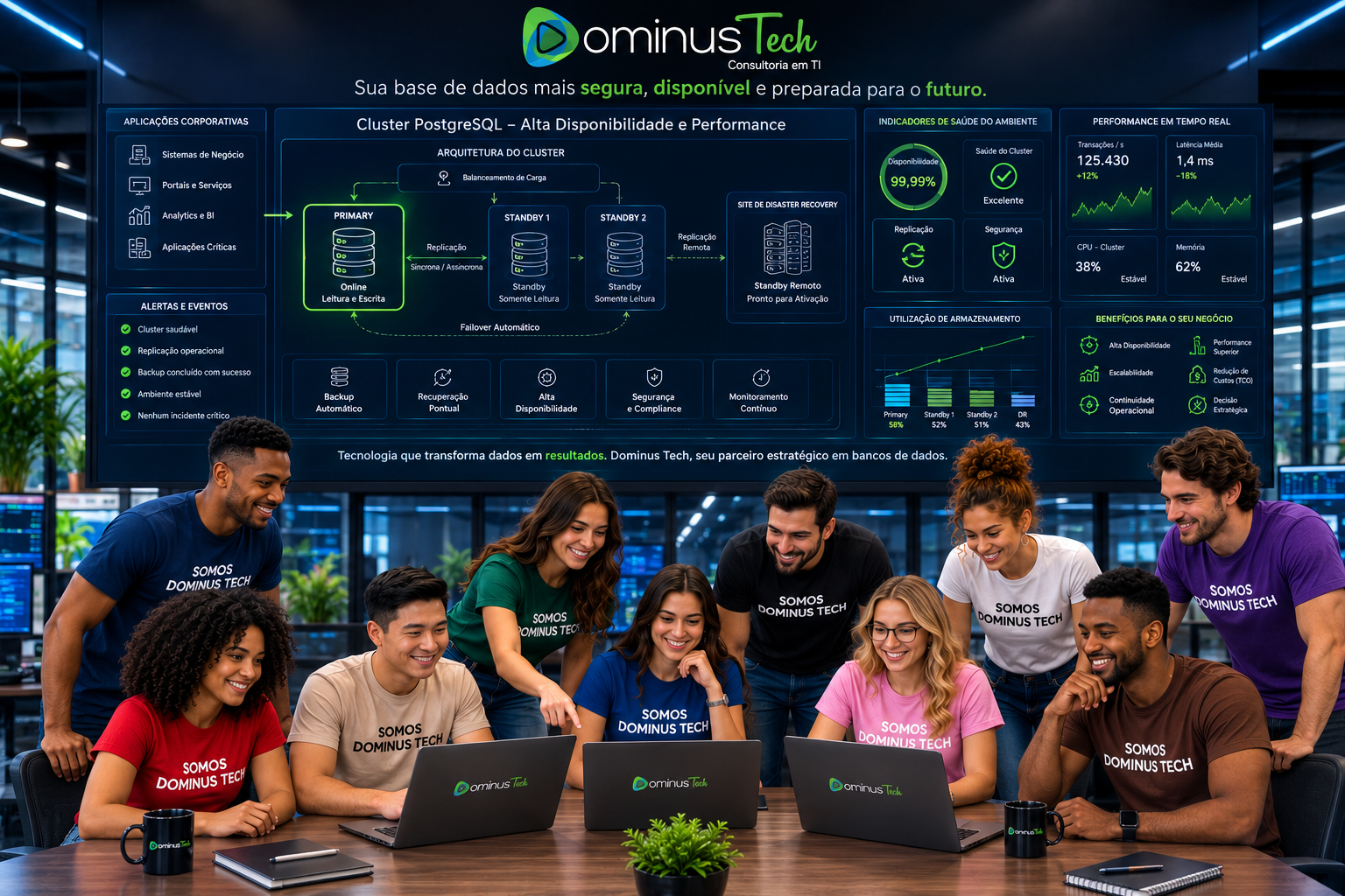 Equipe Dominus Tech analisando arquitetura de Cluster PostgreSQL com Primary, Standby, replicação, failover automático, alta disponibilidade, backup e Disaster Recovery