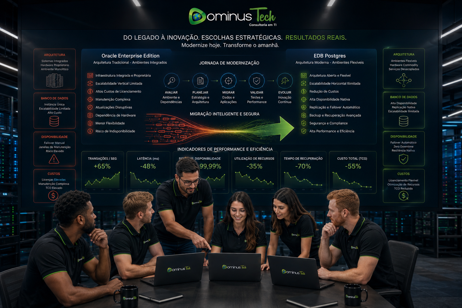 Equipe Dominus Tech analisando comparação entre Oracle Enterprise Edition e EDB Postgres em uma estratégia de modernização e migração de banco de dados