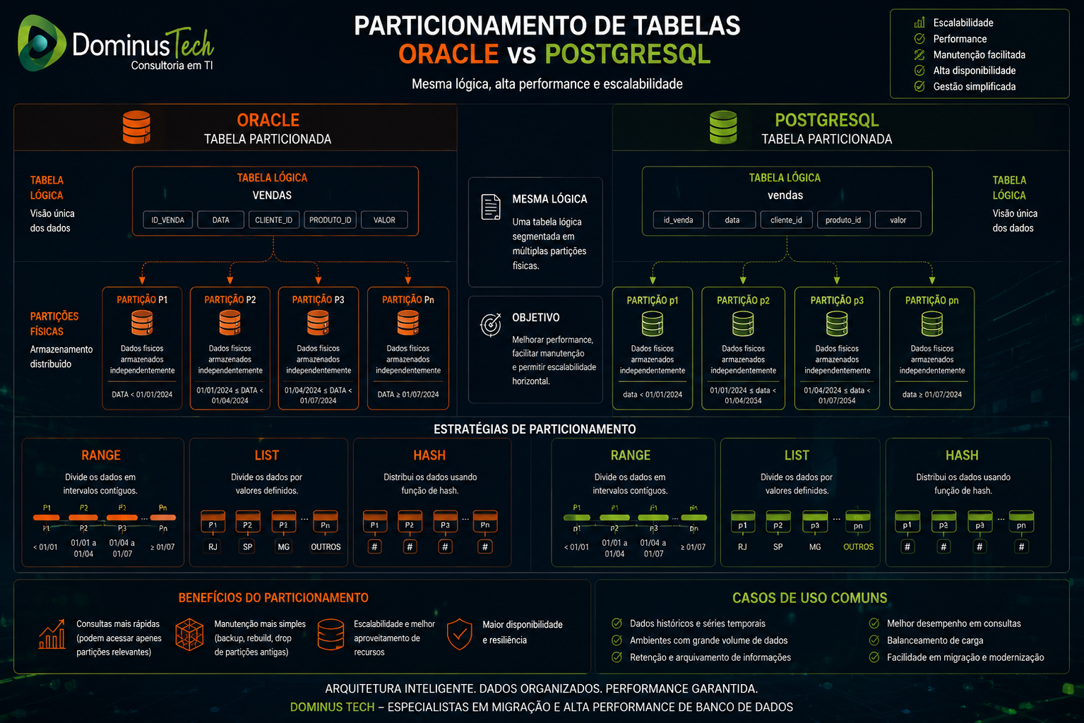 Diagrama técnico comparando tabelas particionadas Oracle e PostgreSQL com estratégias RANGE, LIST e HASH.