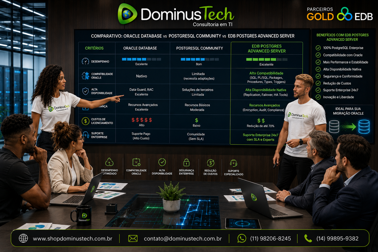 Especialistas da Dominus Tech apresentando um comparativo entre Oracle Database, PostgreSQL Community e EDB Postgres Advanced Server para gestores de TI, com gráficos de desempenho, compatibilidade, alta disponibilidade, segurança, custos de licenciamento e suporte Enterprise em um ambiente corporativo moderno.