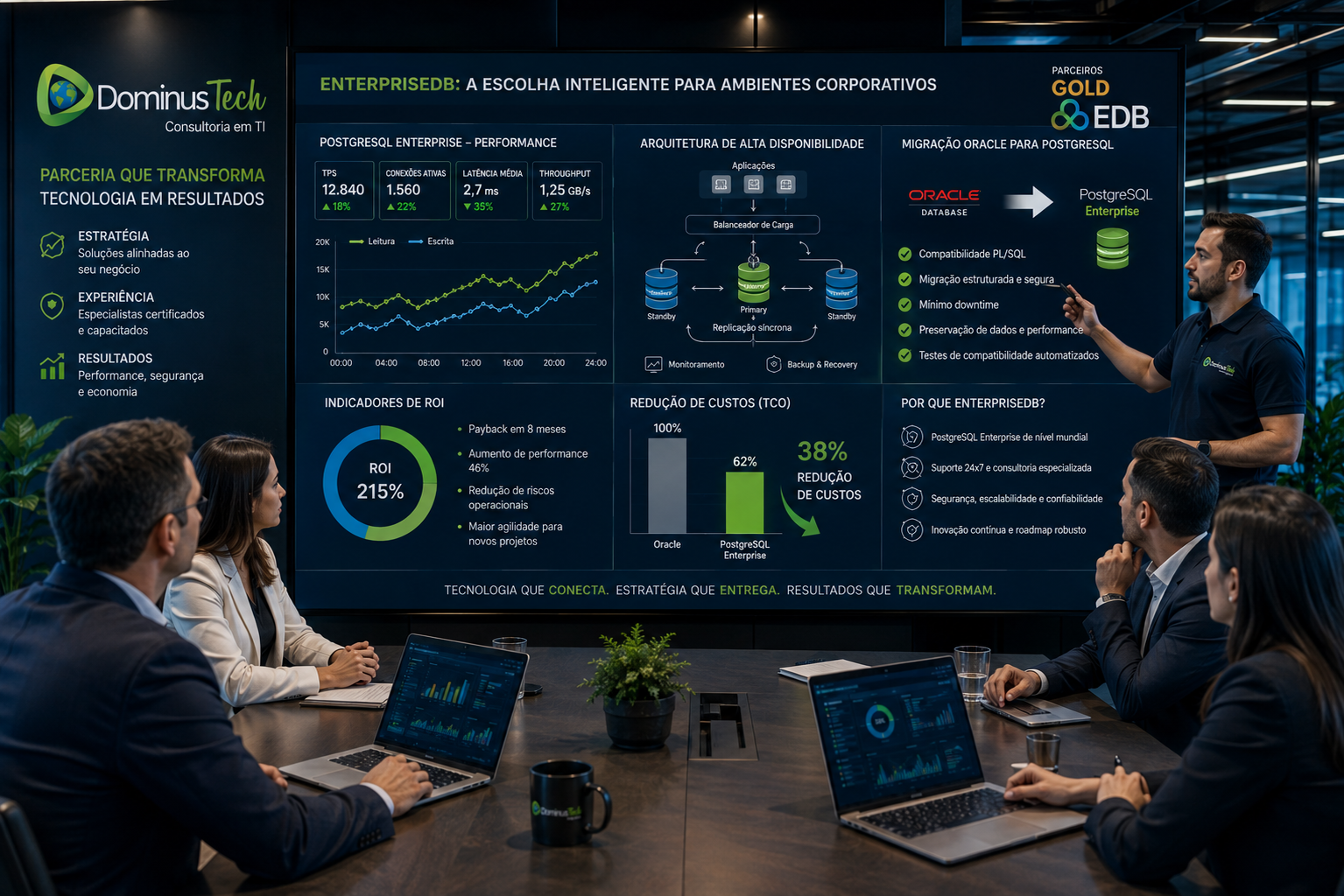 Consultores da Dominus Tech reunidos com gestores de tecnologia durante apresentação estratégica sobre EnterpriseDB com dashboards PostgreSQL Enterprise, arquitetura de alta disponibilidade, migração Oracle para PostgreSQL, indicadores de ROI e redução de custos, com logo oficial EDB