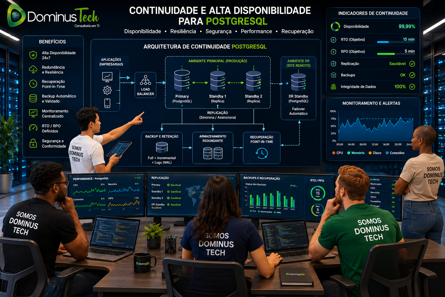Centro de operações da Dominus Tech monitorando uma arquitetura PostgreSQL empresarial com servidores redundantes, replicação, backup, recuperação point-in-time, disaster recovery, alertas, RTO e RPO.