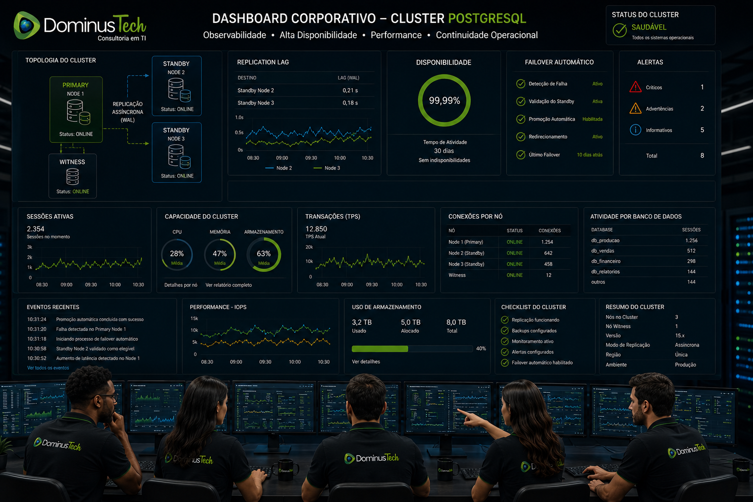 Equipe da Dominus Tech analisando dashboard corporativo de cluster PostgreSQL com replicação, alta disponibilidade, performance, armazenamento e monitoramento.