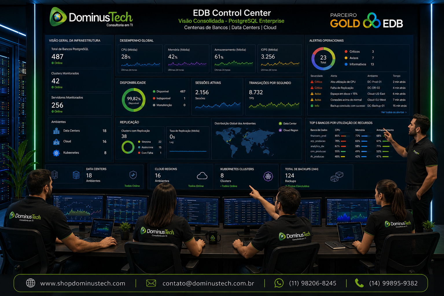 Equipe da Dominus Tech acompanhando um dashboard do EDB Control Center monitorando centenas de bancos PostgreSQL Enterprise distribuídos entre Data Centers e ambientes em nuvem, com indicadores de desempenho, disponibilidade, replicação, utilização de recursos e alertas operacionais em tempo real.