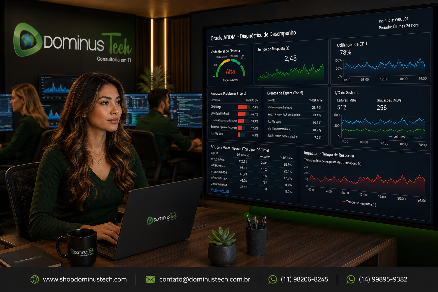DBA da Dominus Tech analisando diagnóstico Oracle ADDM com indicadores de CPU, I/O, SQL, eventos de espera e impacto no tempo de resposta.
