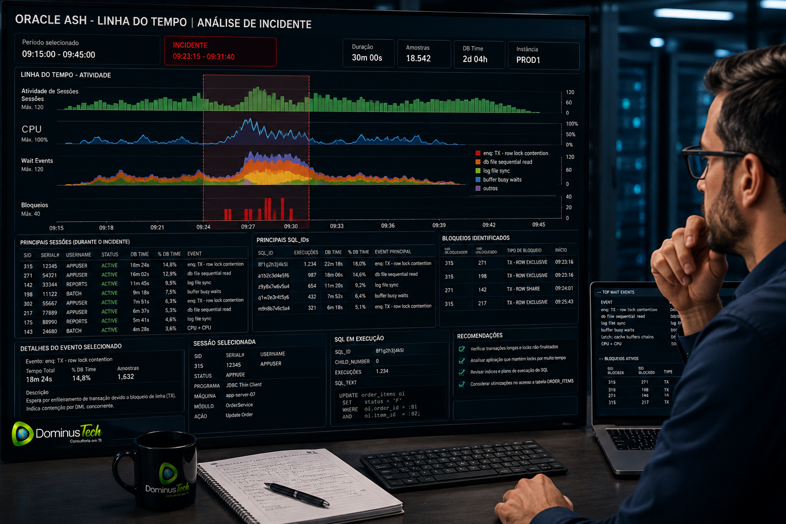 DBA analisando uma linha do tempo do Oracle ASH durante um incidente, exibindo sessões ativas, SQL_IDs, eventos de espera (wait events), consumo de CPU, bloqueios de transações, timeline de desempenho e métricas para diagnóstico de performance do banco de dados Oracle.