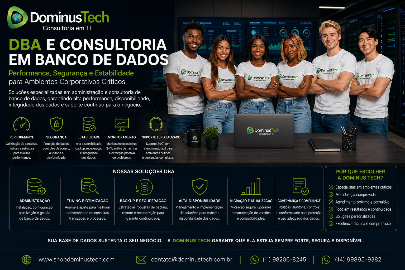 Equipe Dominus Tech em ambiente corporativo apresentando serviços de DBA e consultoria em banco de dados, com foco em performance, segurança, estabilidade, monitoramento e suporte especializado.