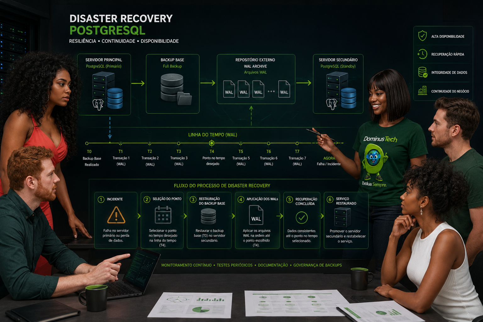 Diagrama empresarial de Disaster Recovery PostgreSQL com backup base, arquivos WAL, servidor secundário, recuperação point-in-time e equipe Dominus Tech