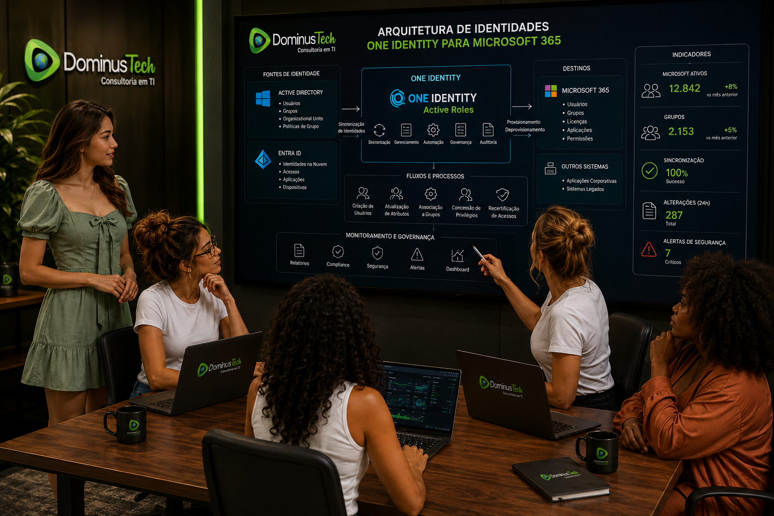 Equipe Dominus Tech analisando arquitetura de identidades One Identity para Microsoft 365 com Active Directory, Entra ID, governança, segurança e monitoramento