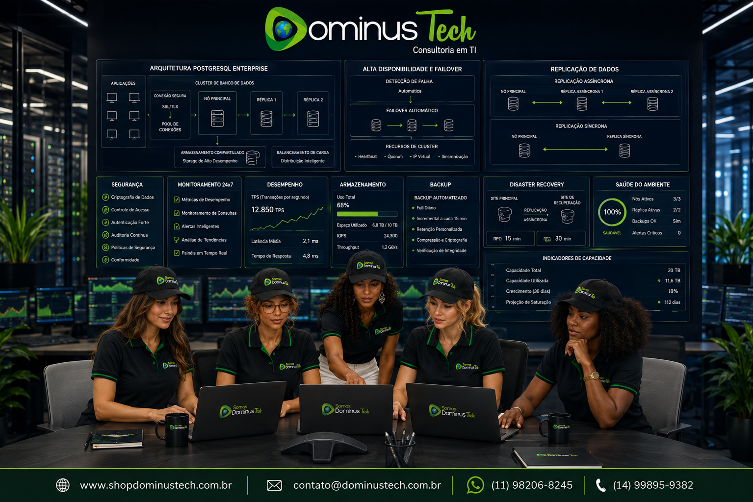 Equipe Dominus Tech analisando arquitetura PostgreSQL Enterprise com segurança, alta disponibilidade, replicação, backup, monitoramento, desempenho e Disaster Recovery