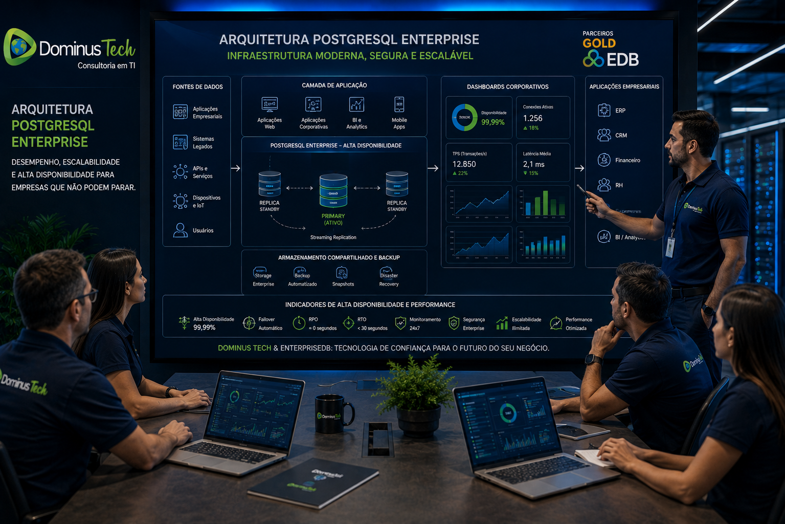 Executivos de TI analisando painel comparativo entre PostgreSQL Community e EnterpriseDB com gráficos de desempenho, compatibilidade Oracle, segurança, alta disponibilidade e custos operacionais em apresentação conduzida pela Dominus Tech.