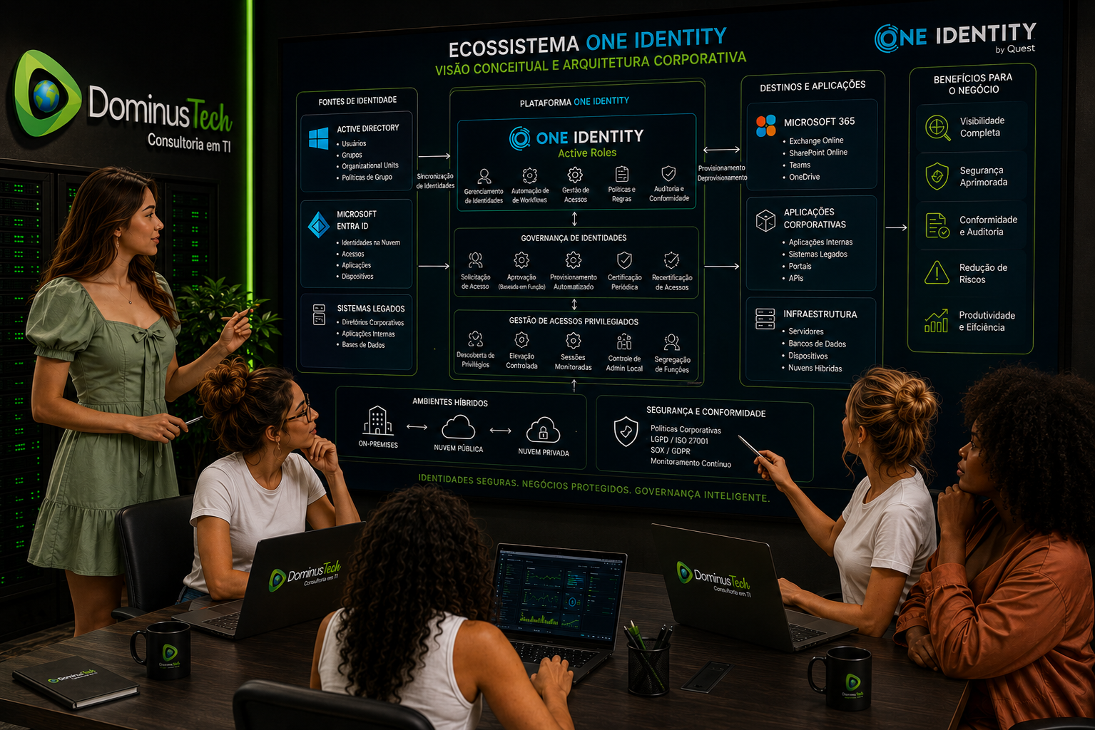 Equipe Dominus Tech analisando uma arquitetura corporativa de governança de identidades com One Identity, Active Directory, Microsoft Entra ID, gestão de acessos privilegiados, aplicações e ambientes híbridos.