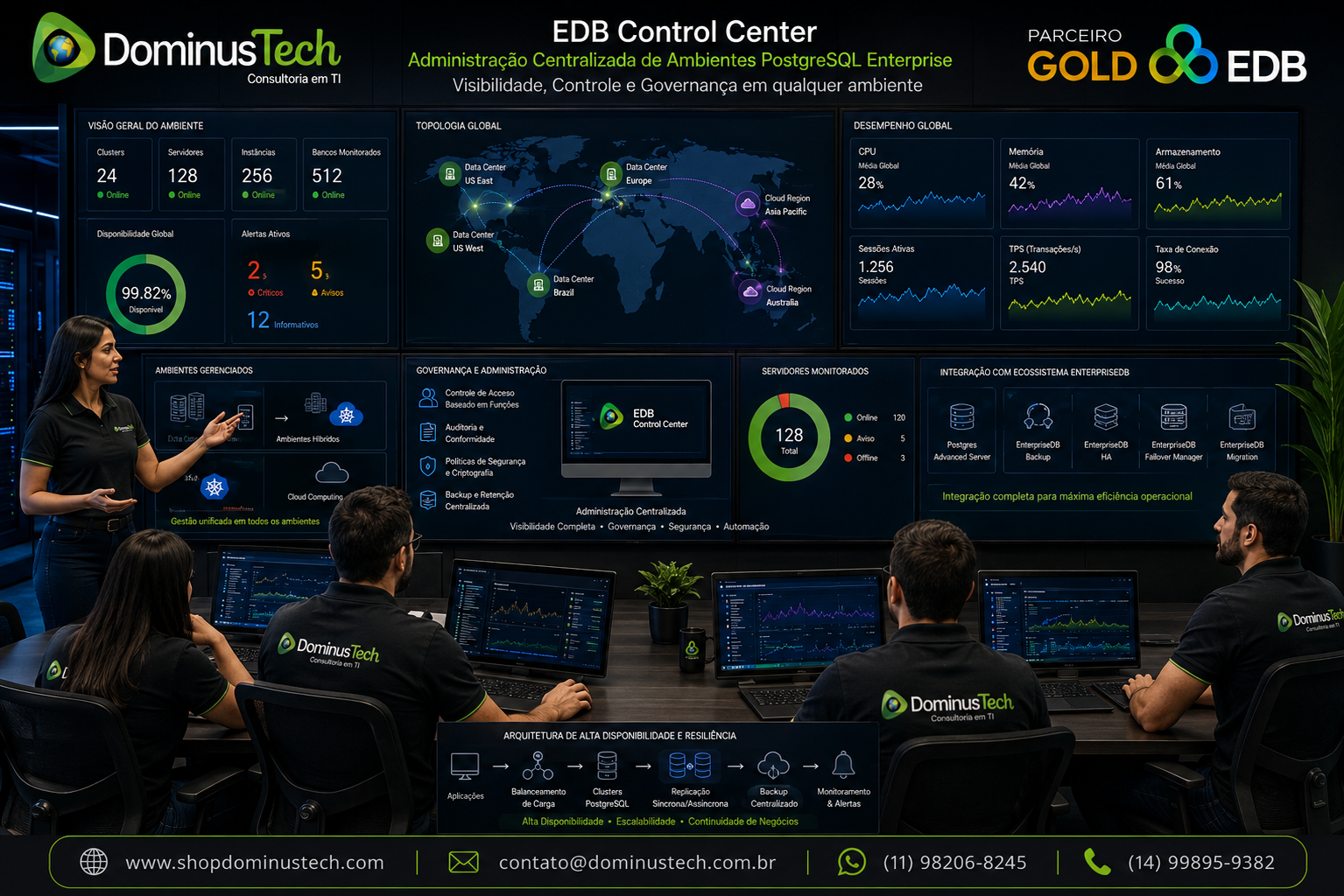 Especialistas da Dominus Tech apresentando o EDB Control Center administrando uma infraestrutura PostgreSQL Enterprise distribuída entre Data Centers, ambientes híbridos, Kubernetes e provedores de nuvem, com dashboards corporativos, governança, monitoramento centralizado e indicadores operacionais.