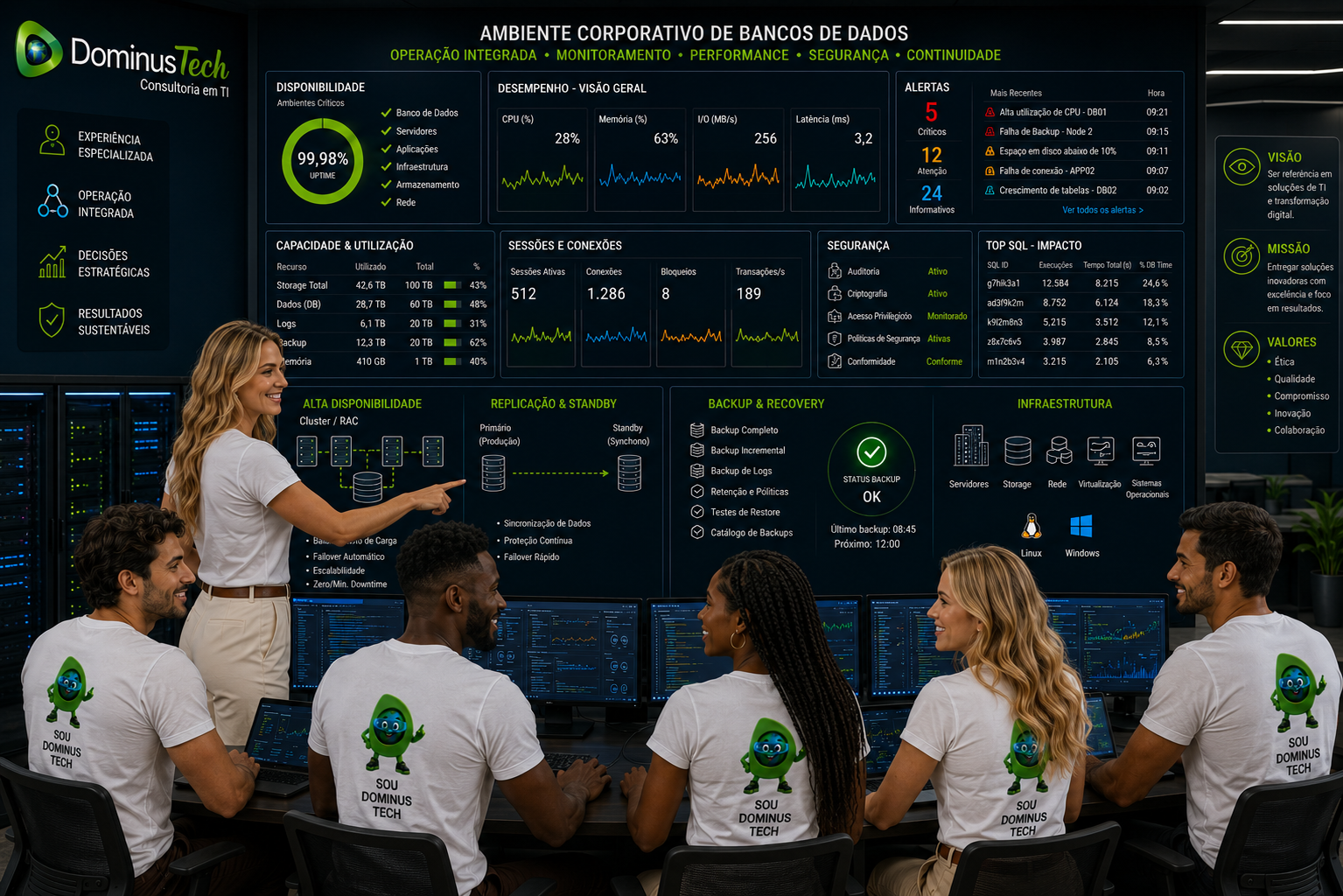 Equipe Dominus Tech trabalhando em ambiente corporativo de bancos de dados, analisando indicadores de disponibilidade, desempenho, capacidade, alertas, segurança e utilização de recursos.