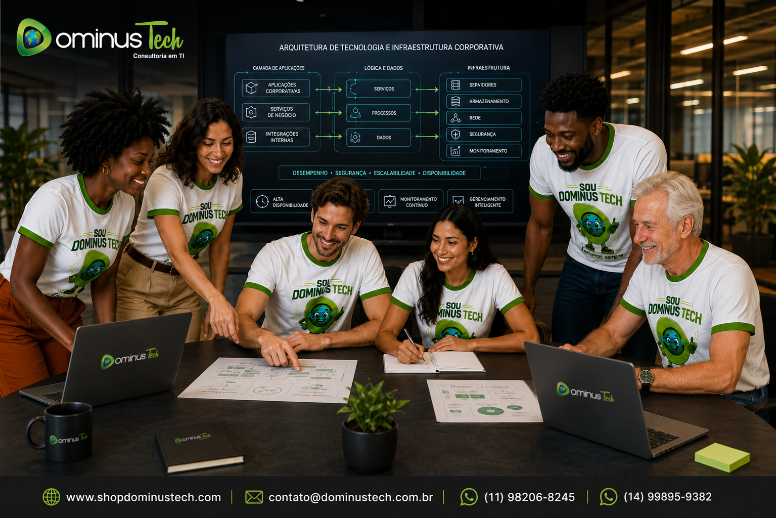 Equipe Dominus Tech analisando arquitetura de tecnologia e infraestrutura corporativa em ambiente empresarial moderno. Consultoria de Tecnologia e Infraestrutura