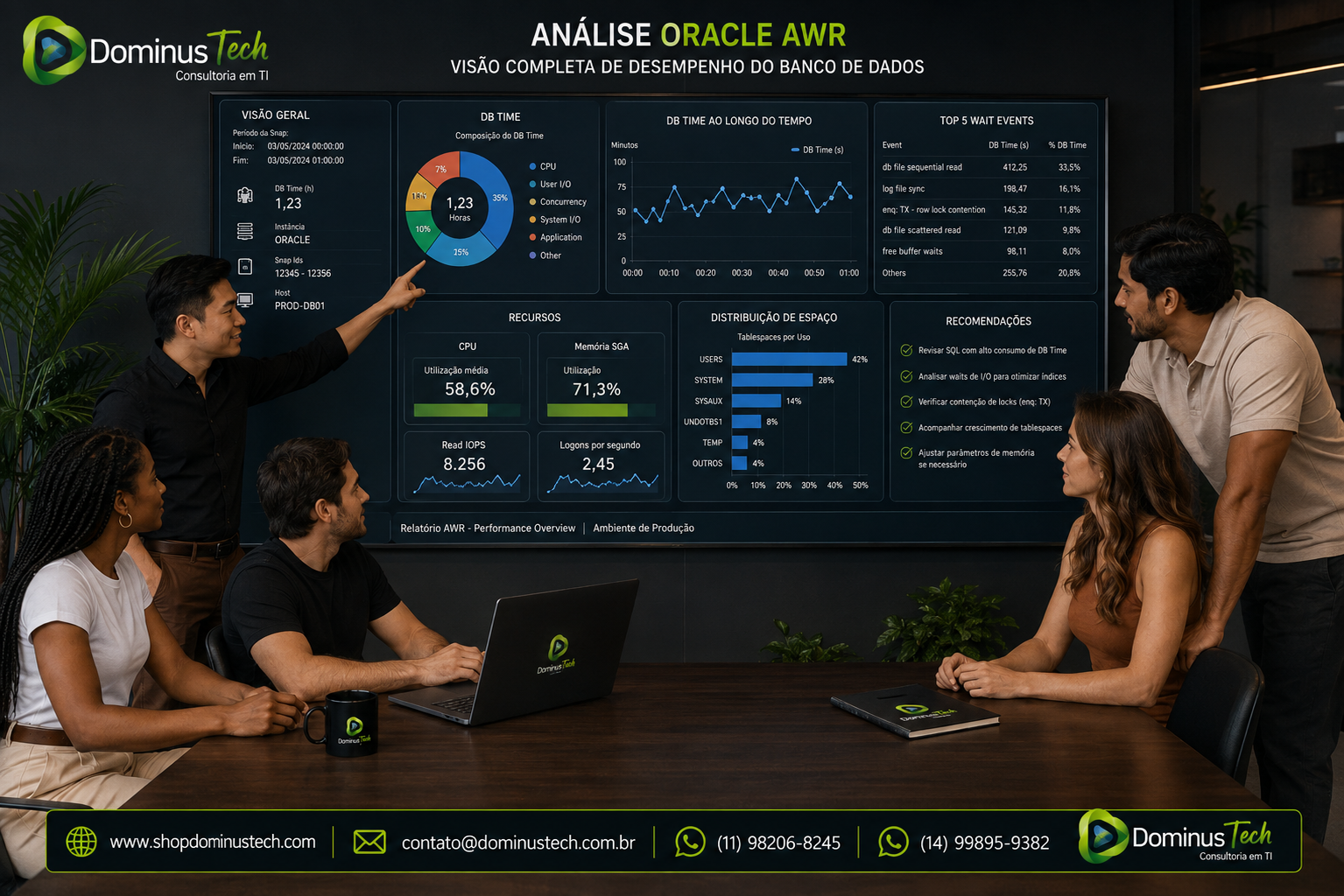 Equipe da Dominus Tech analisando um relatório Oracle AWR com gráficos de desempenho, SQL, wait events, consumo de CPU e memória, distribuição de recursos e indicadores de banco de dados.