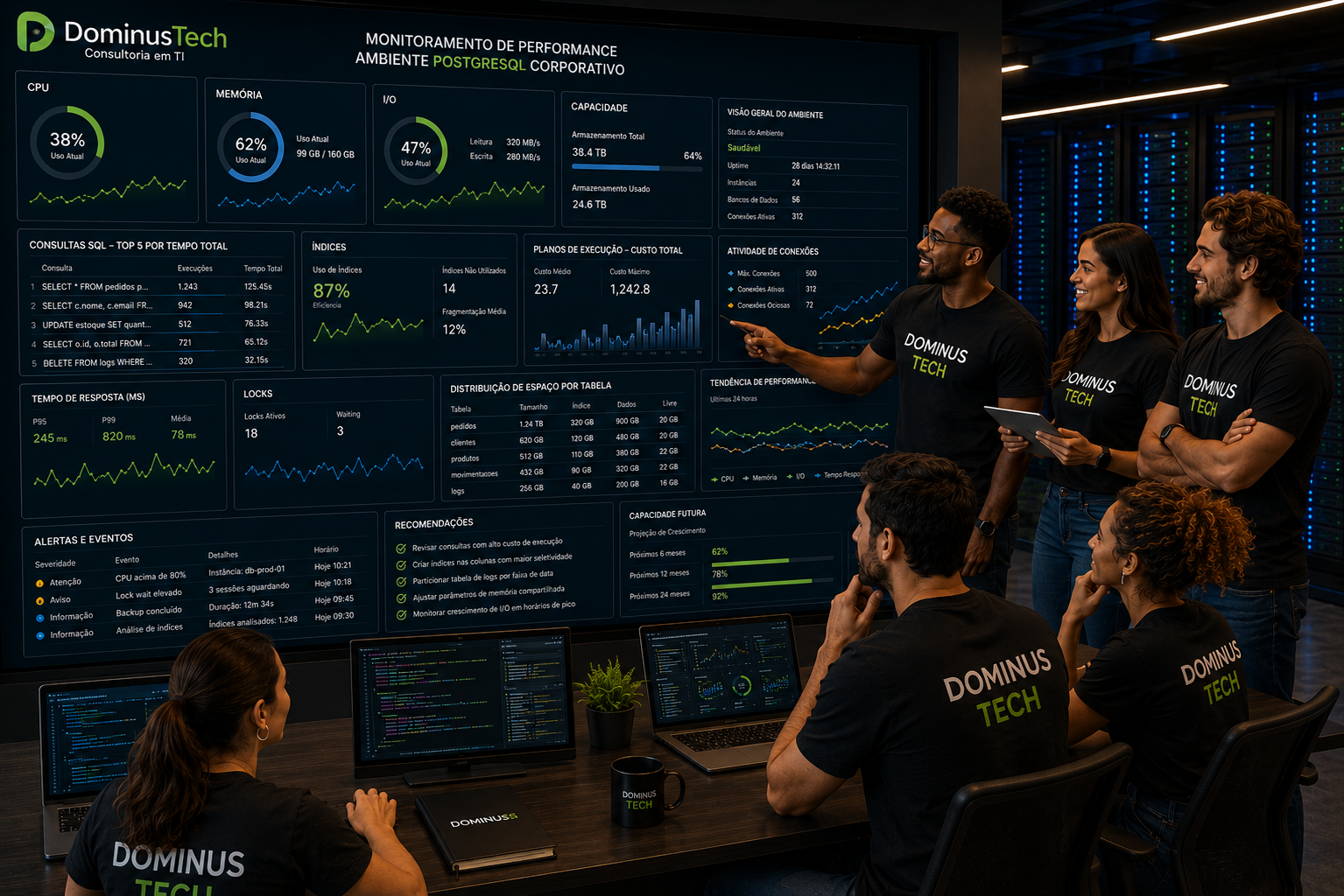 Equipe técnica da Dominus Tech analisando performance de ambiente PostgreSQL corporativo com indicadores de CPU, memória, I/O, consultas SQL, índices, planos de execução e capacidade.