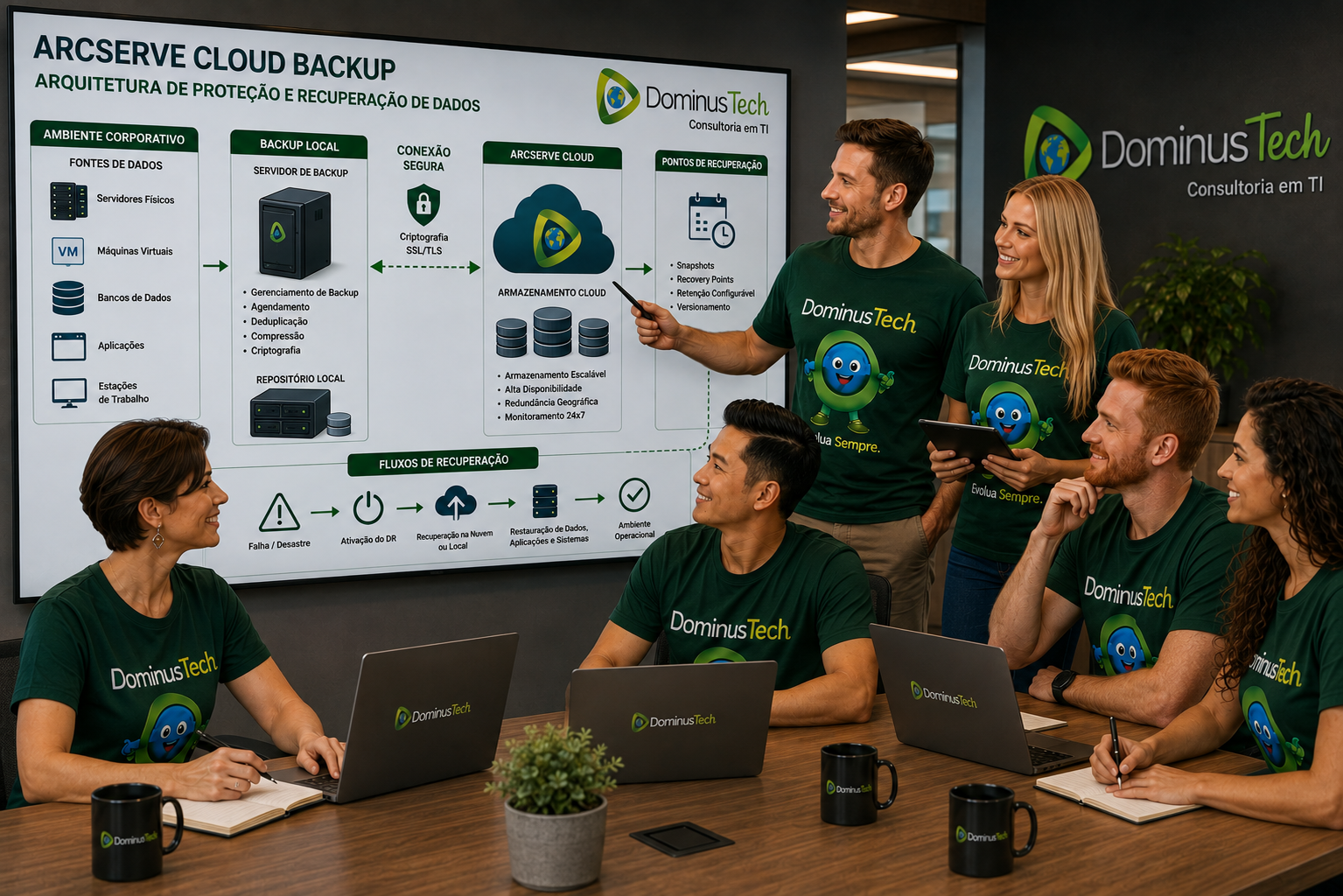 Equipe Dominus Tech analisando arquitetura Arcserve Cloud Backup com servidores corporativos e armazenamento cloud