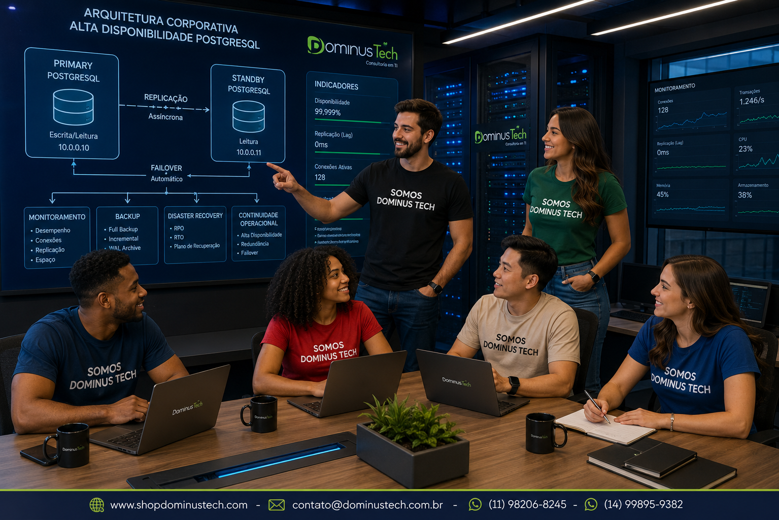 Equipe Dominus Tech analisando arquitetura corporativa de alta disponibilidade PostgreSQL com servidores Primary e Standby, replicação, failover, monitoramento, backup e Disaster Recovery.