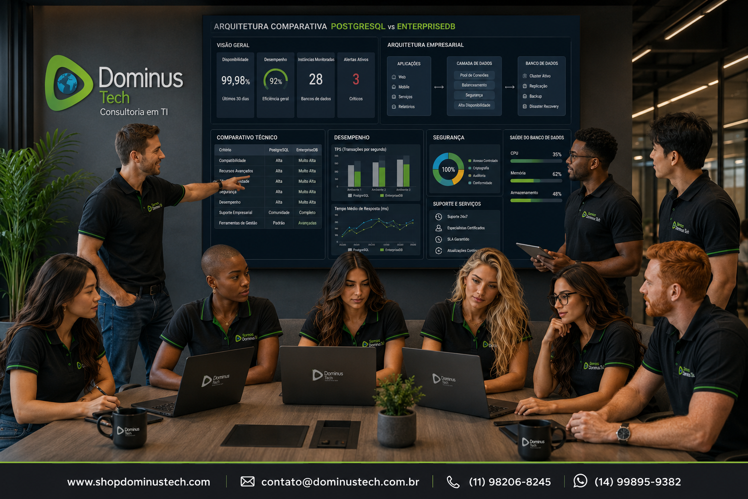 Equipe da Dominus Tech analisando arquitetura comparativa entre PostgreSQL e EnterpriseDB em ambiente corporativo de tecnologia, com dashboards de desempenho, segurança, disponibilidade e arquitetura empresarial.