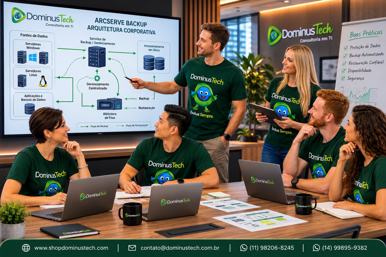 Equipe Dominus Tech analisando arquitetura corporativa de Arcserve Backup com servidores Windows e Linux