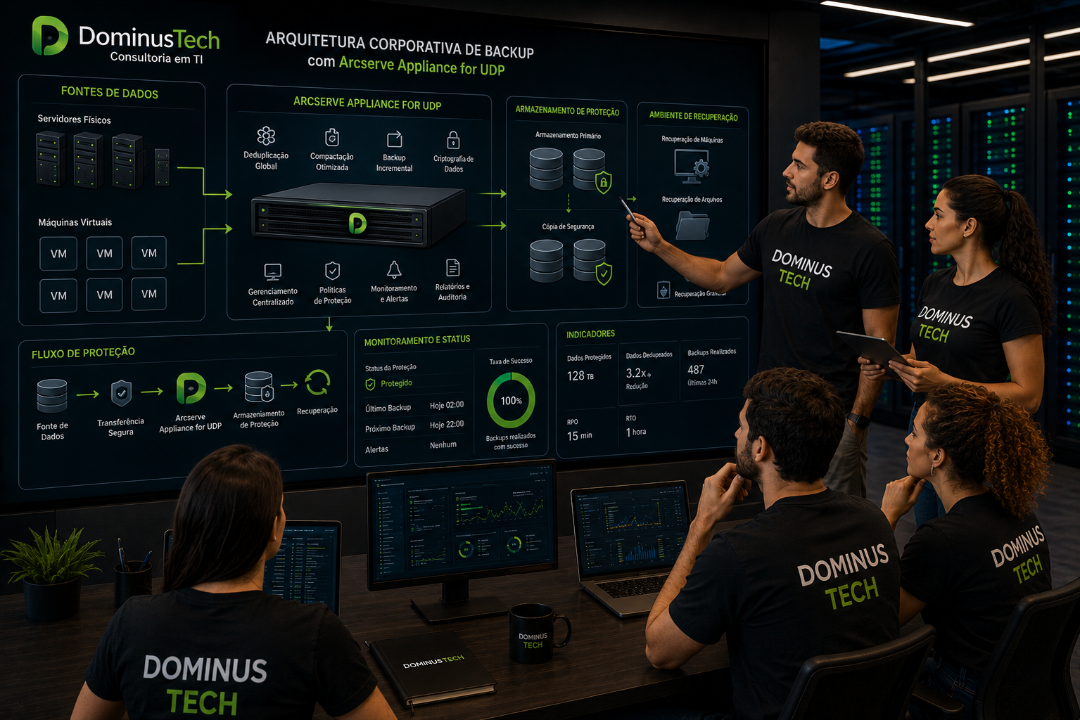 Equipe Dominus Tech analisando arquitetura corporativa de backup com Arcserve Appliance for UDP, servidores físicos, máquinas virtuais, armazenamento protegido e ambiente de recuperação.